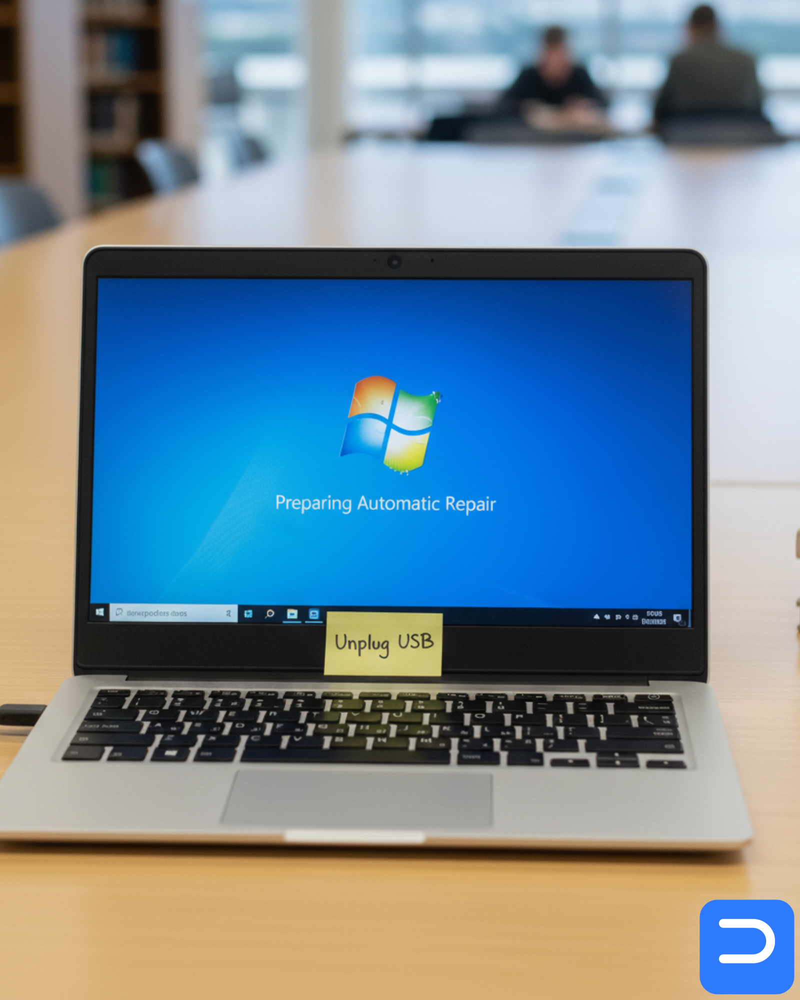 Close-up of Windows “Preparing Automatic Repair” screen on a student laptop, with USB drives removed to avoid boot hijack