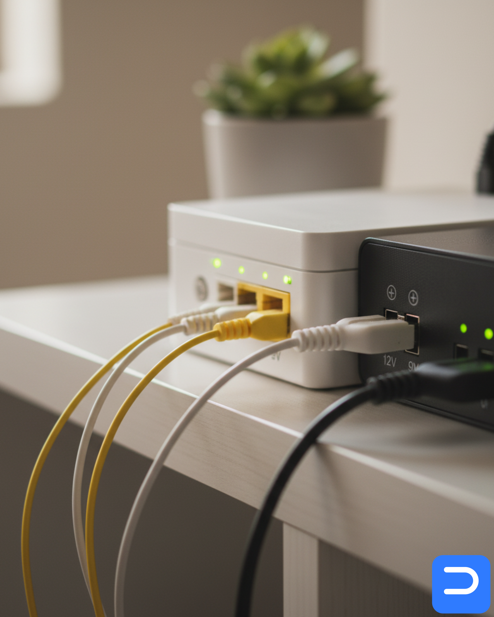 Labelled DC-UPS outputs feeding an ONT (12V) and router (9V) during a Stellenbosch outage