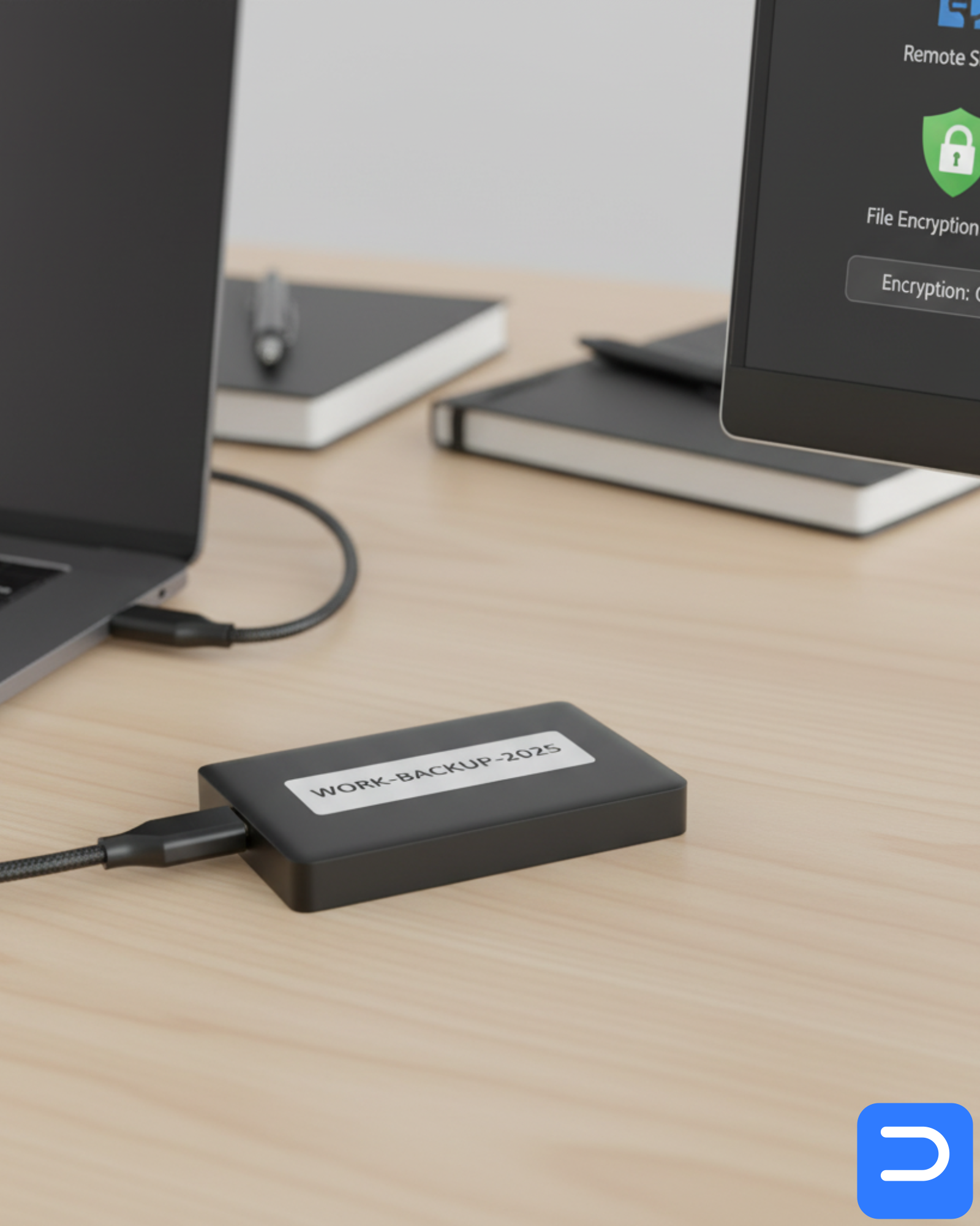 Labeled external SSD “WORK-BACKUP-2025” next to a laptop showing BitLocker/FileVault enabled and a remote-support shortcut