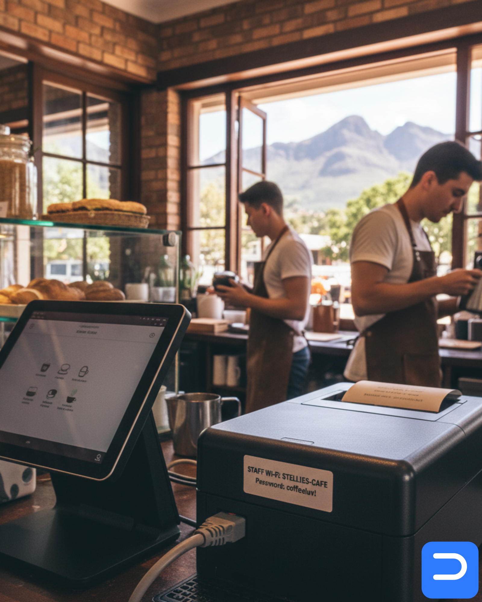 Barista counter with a Wi-Fi receipt printer and POS tablet on a stable 2.4 GHz staff network in a Stellenbosch café