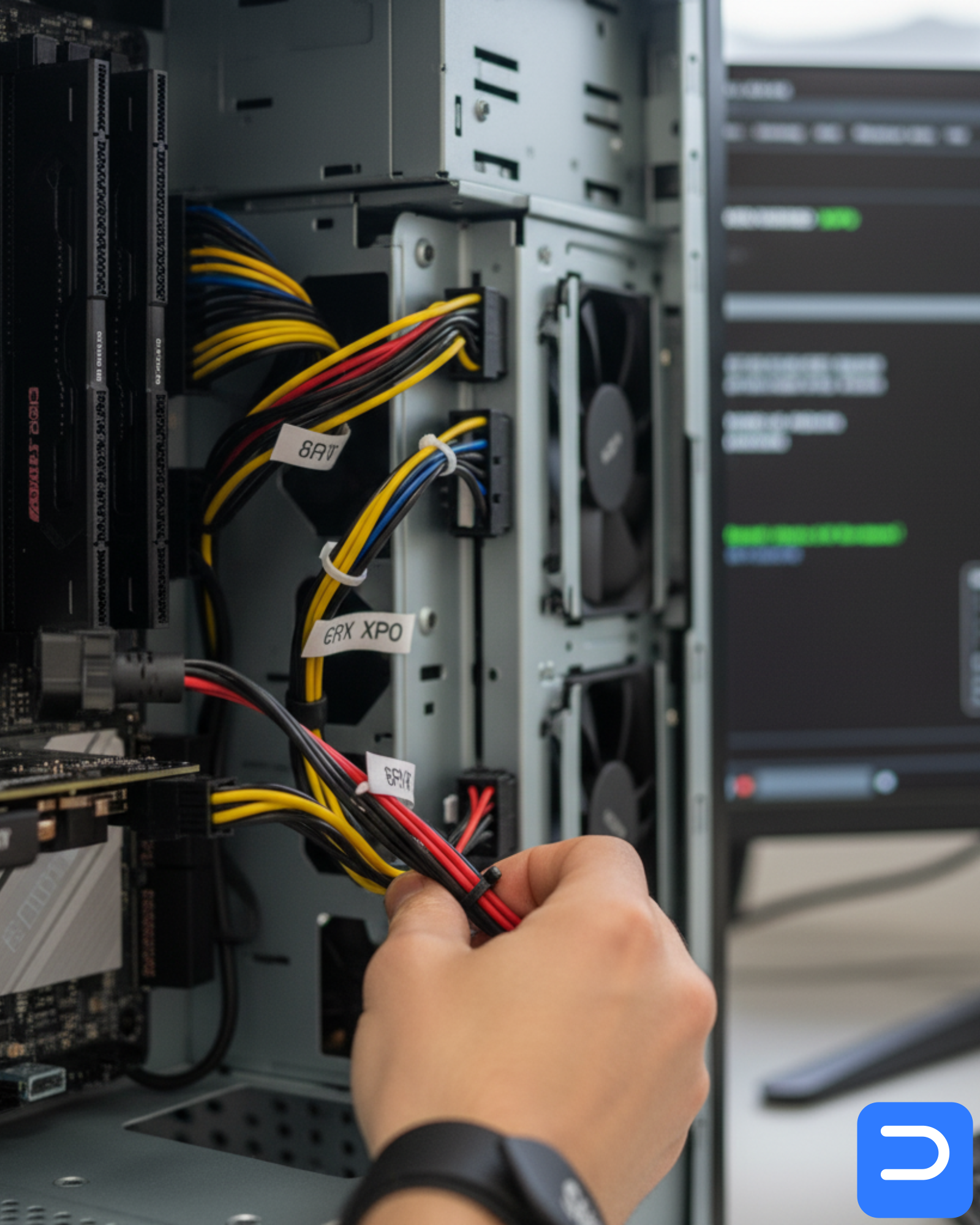 Close-up: EXPO/XMP enabled in BIOS, tidy cable routing, and GPU power cables with proper strain relief after a Stellenbosch build
