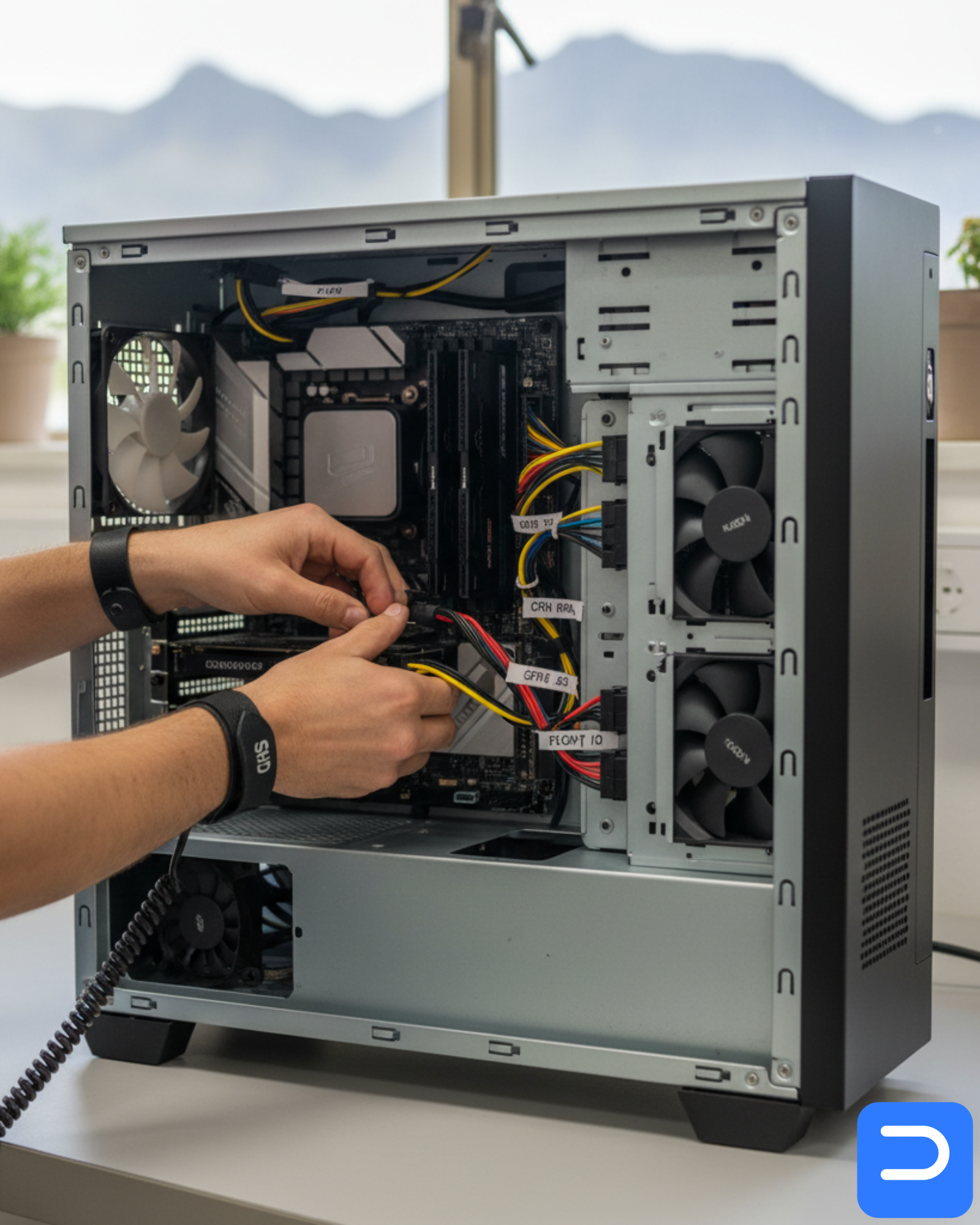 Technician cabling a new custom PC with ESD strap in a Stellenbosch workshop; tidy airflow and labeled cables