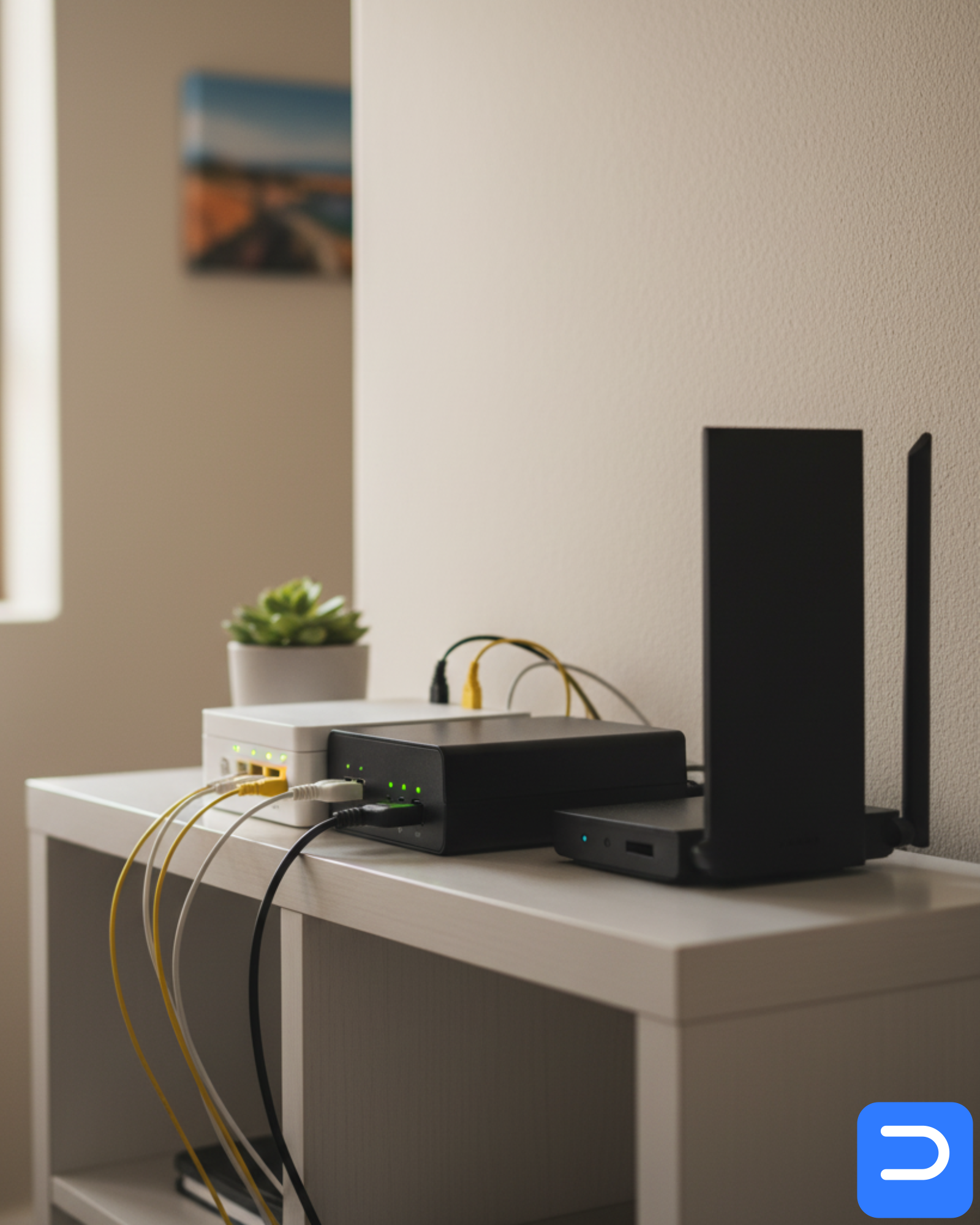 Compact DC-UPS powering a fibre ONT and dual-band router on a shelf in a Stellenbosch apartment