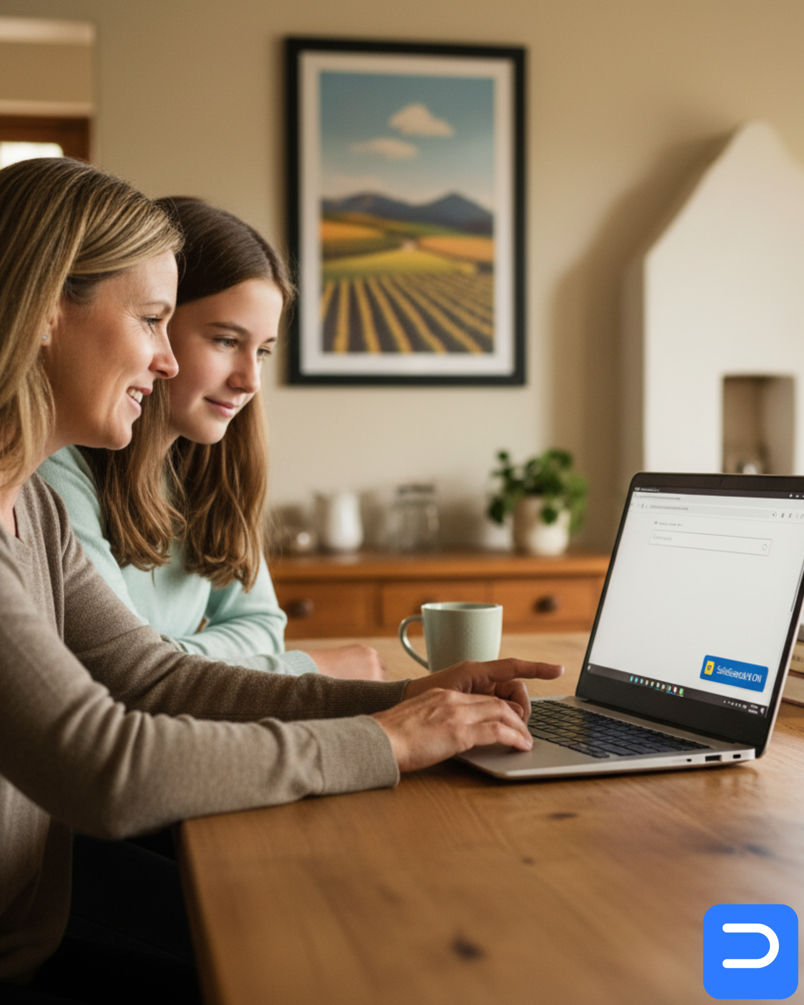 Parent and teen reviewing a clean browser profile on a Windows laptop in a Stellenbosch home