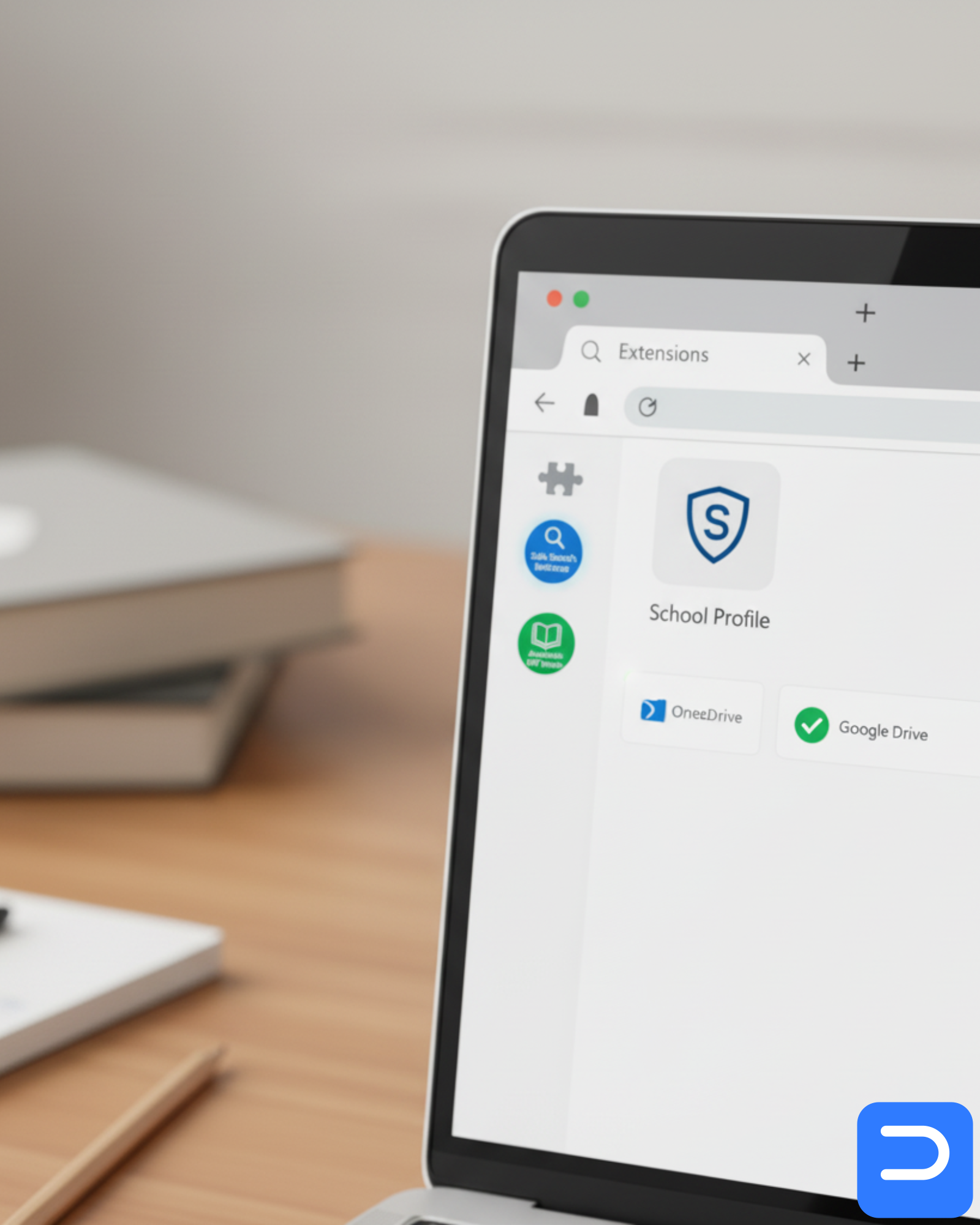 Close-up of a School browser profile with only two approved extensions and OneDrive/Drive icons showing sync OK