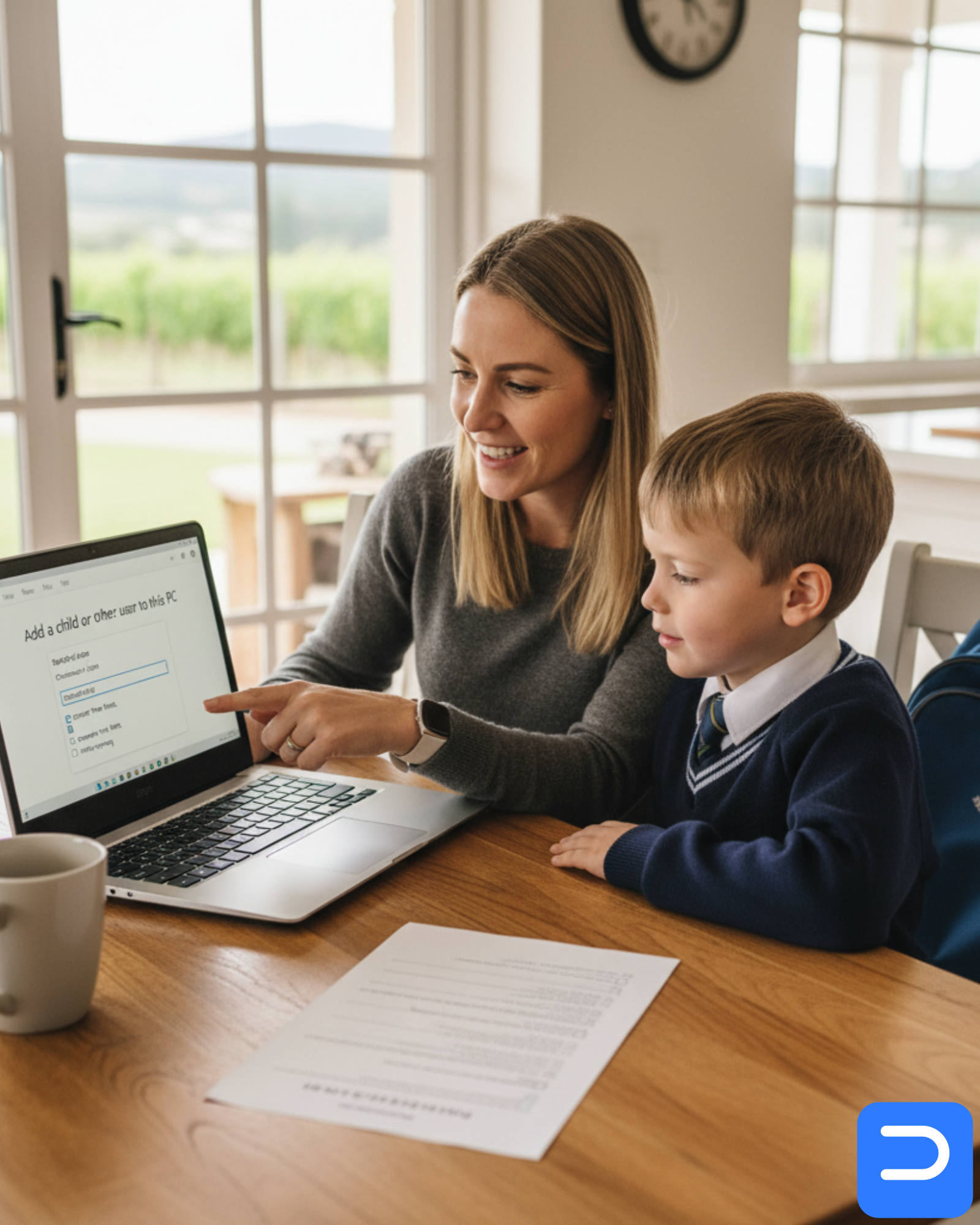Parent setting up a standard child account on a Windows laptop at a kitchen table in Stellenbosch, with a checklist on paper