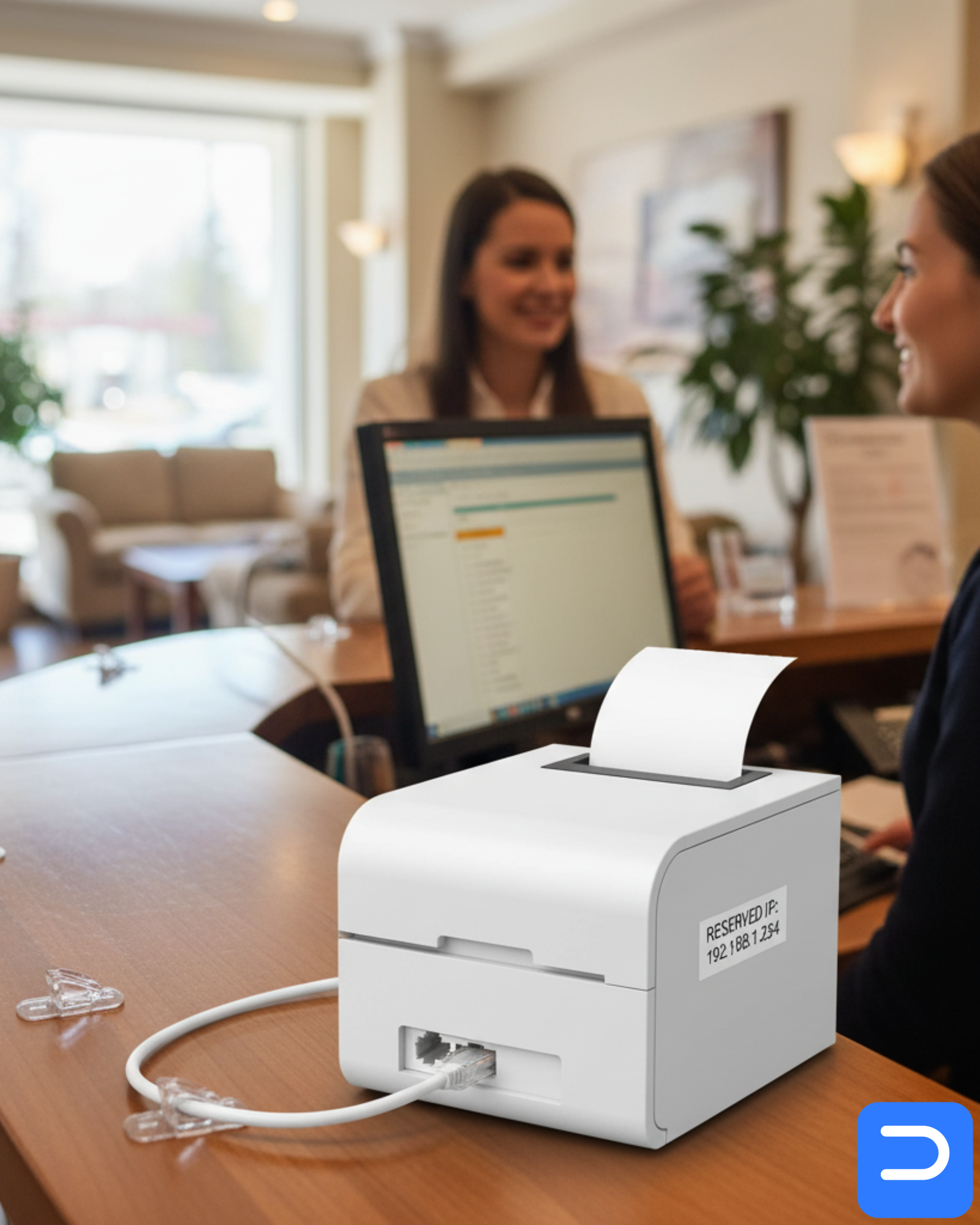 Thermal receipt printer on Ethernet with a reserved IP label, next to a POS tablet in a Stellenbosch guesthouse reception