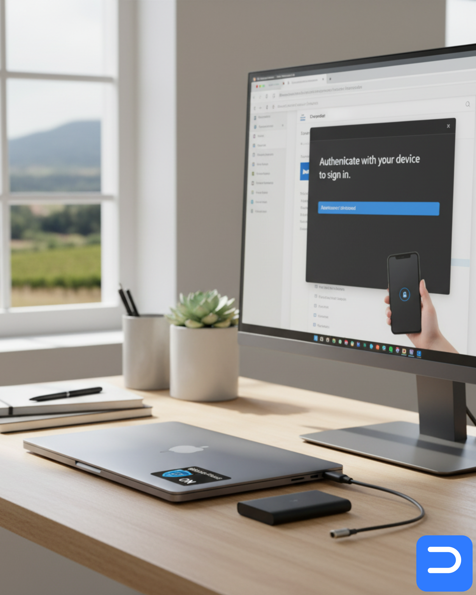 Remote worker at a desk in Stellenbosch with BitLocker/FileVault enabled and a backup drive connected