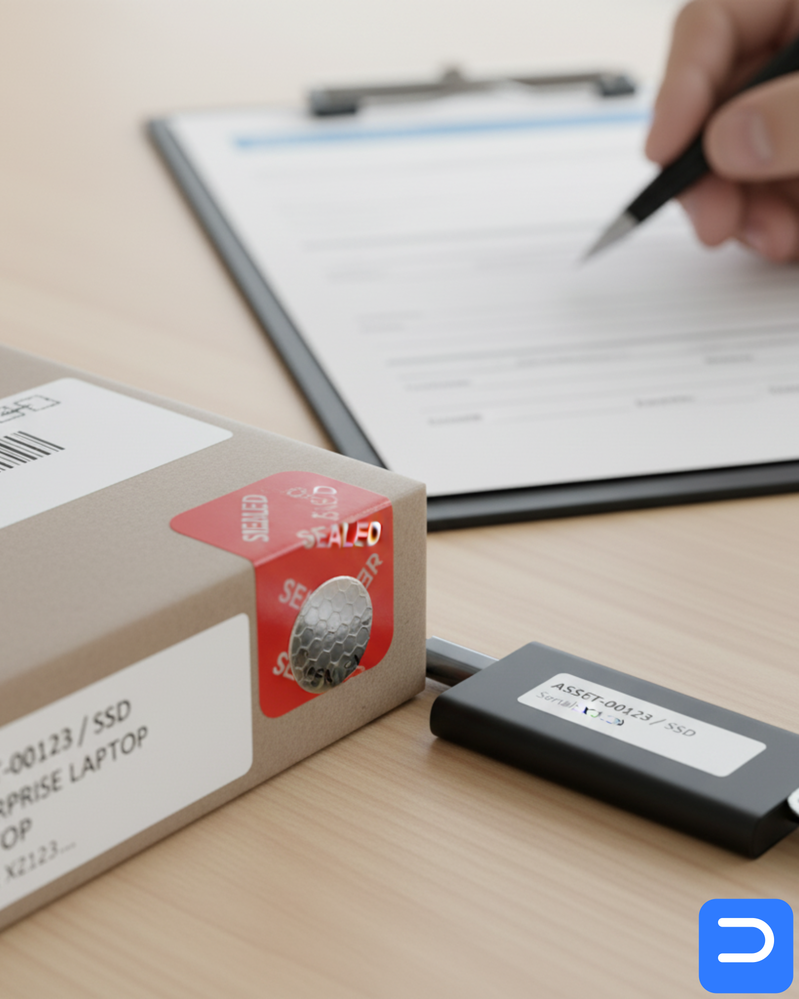 Sealed, labelled laptops and SSDs queued for verified wipe with technician signing a chain-of-custody log in a Stellenbosch office