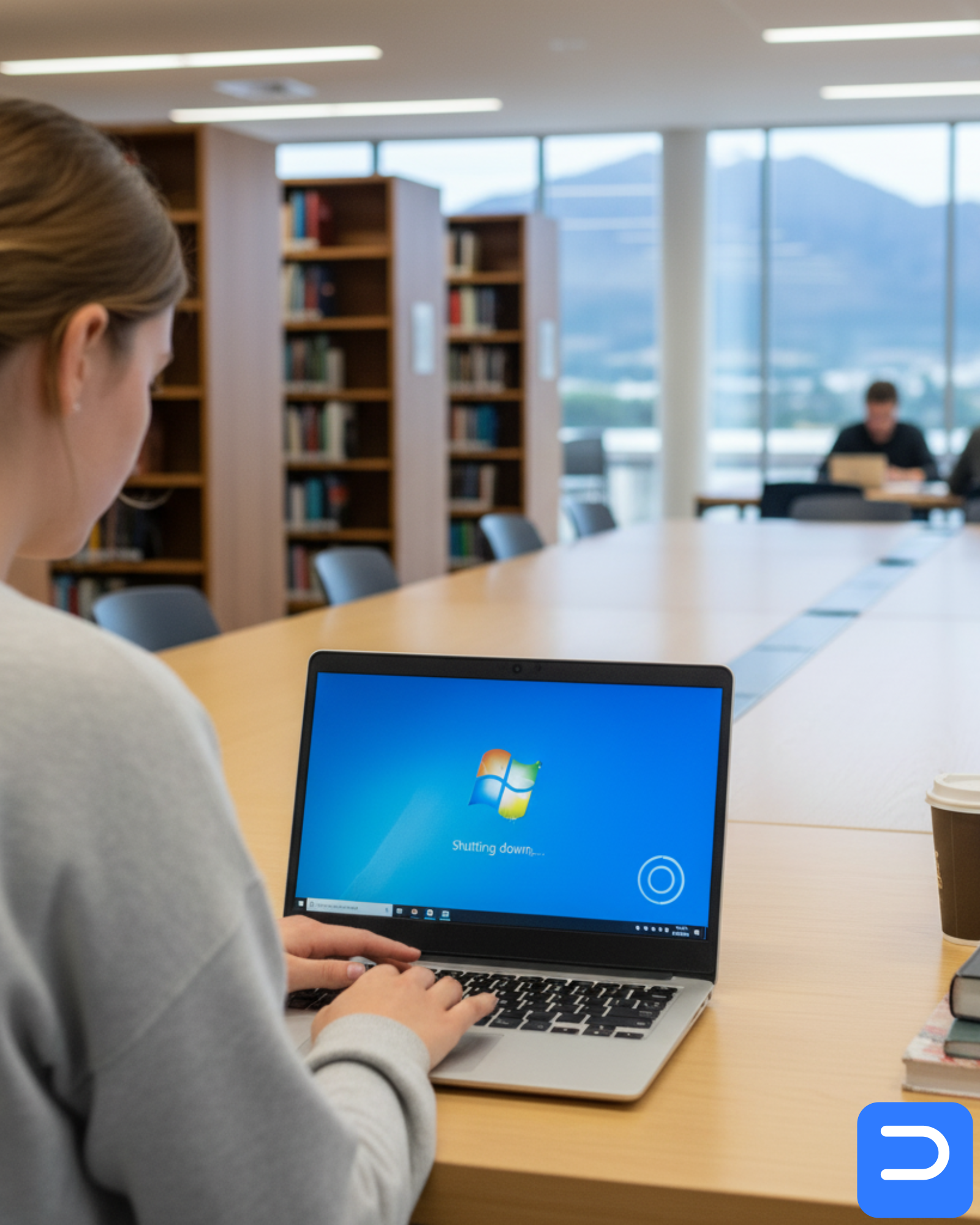 SU student in a Stellenbosch library trying a safe hard-shutdown on a laptop stuck on the Windows logo
