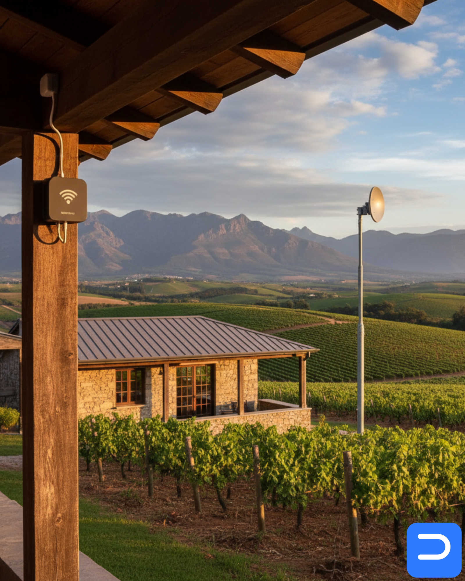 Outdoor access point facing a vineyard cottage with a discreet point-to-point bridge on a pole in Stellenbosch
