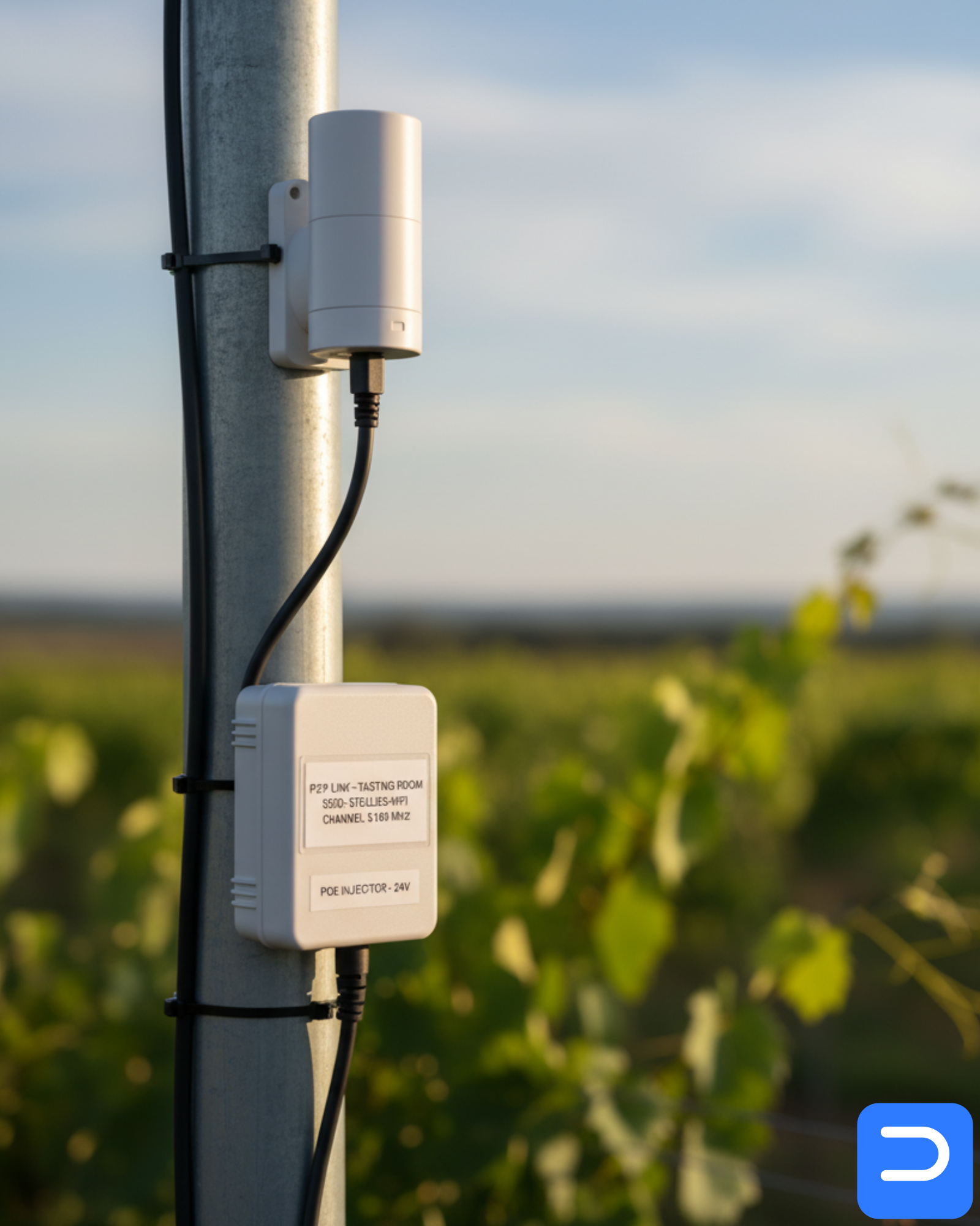 Line-of-sight point-to-point bridge from tasting room to a distant cottage, labelled SSIDs and PoE injectors