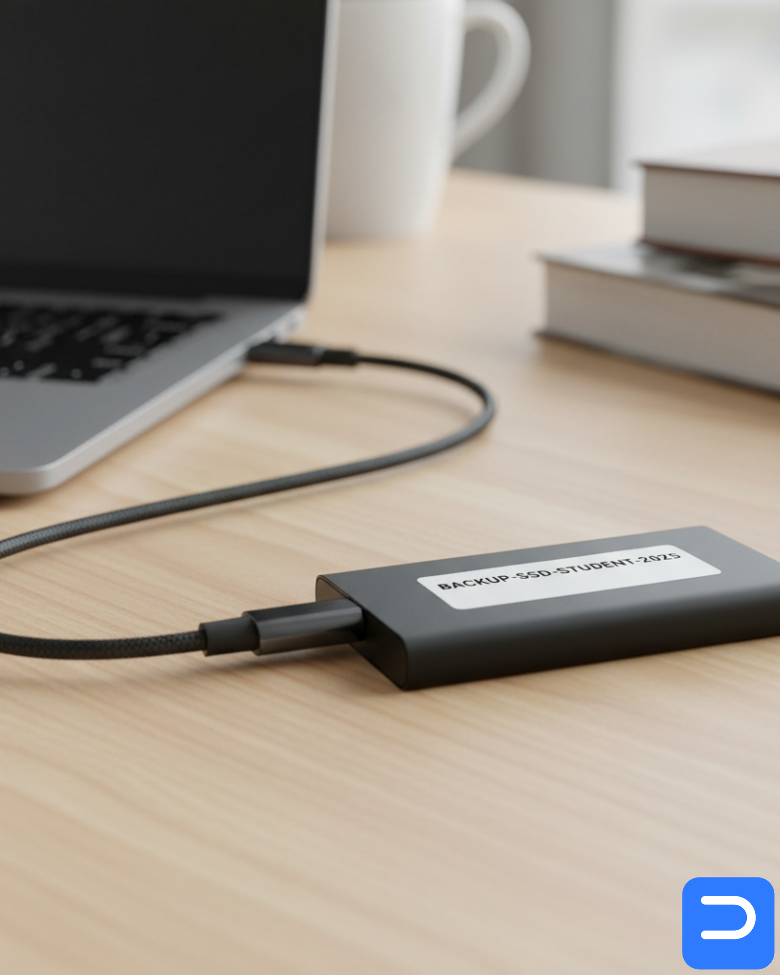 External SSD labelled “BACKUP-SSD-STUDENT-2025” connected to a laptop on a desk in Stellenbosch residence