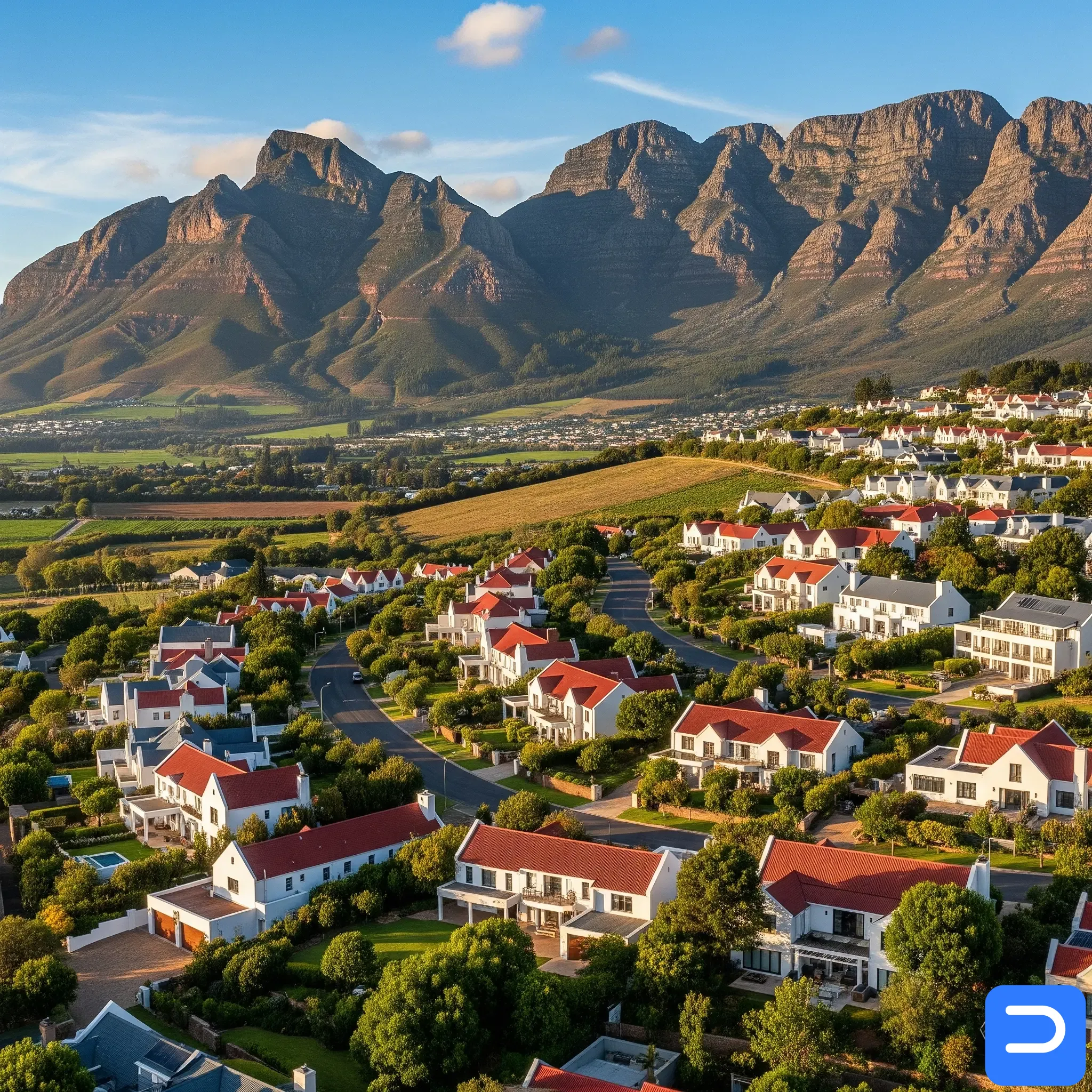 A scenic view of the Dalsig residential hillside, with the Hottentots Holland ridge in the background.