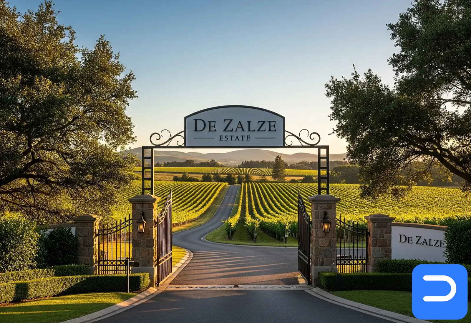 The vineyards and grand entrance of the De Zalze estate, a part of our extended service area.