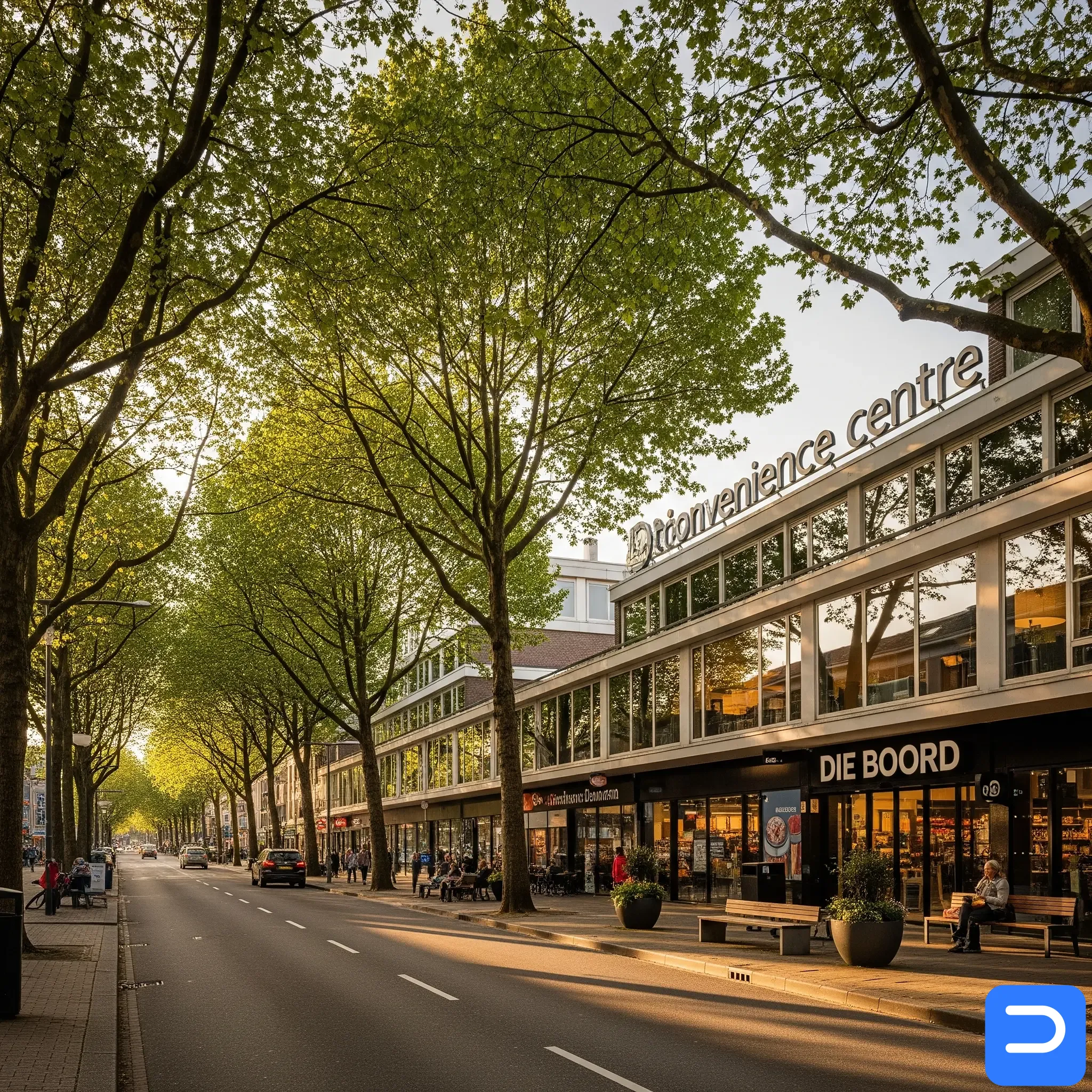 The tree-lined streets of Die Boord and its local convenience centre, where we offer IT support.