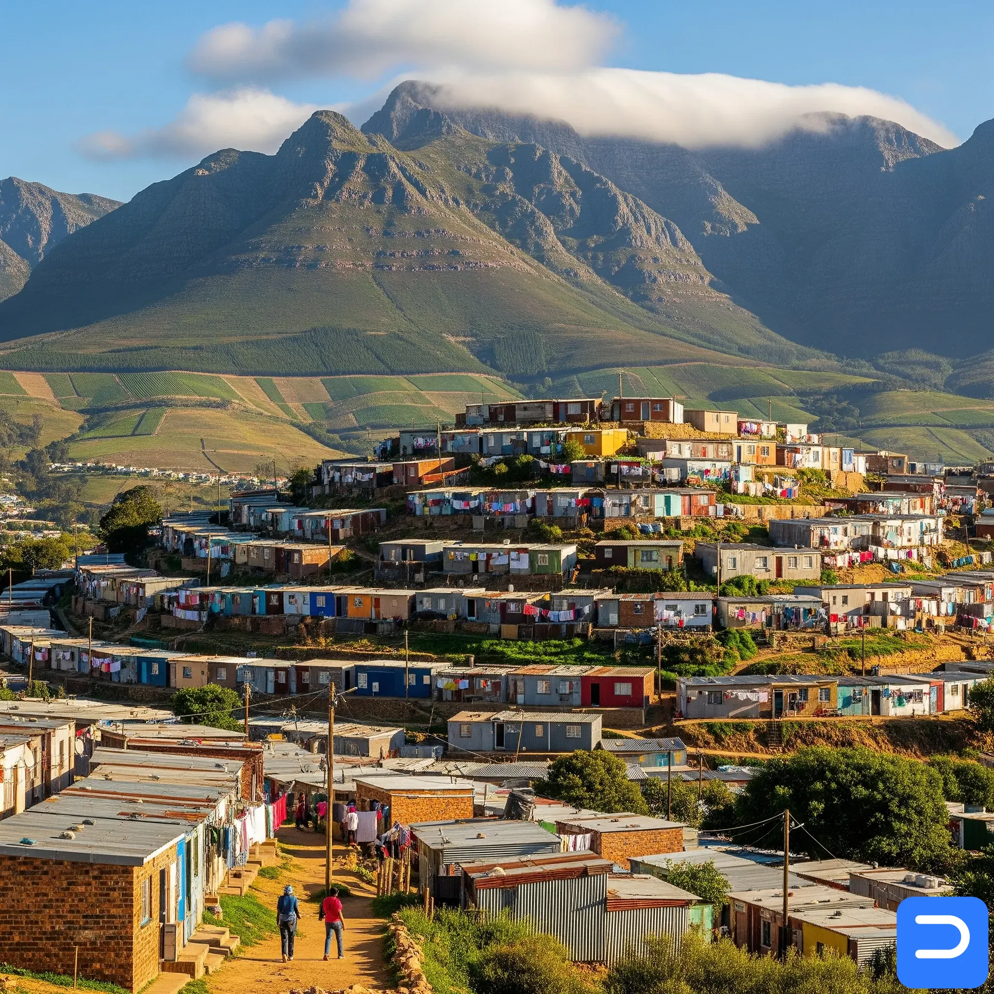A hillside view of Kayamandi, with the Simonsberg mountain visible in the distance.