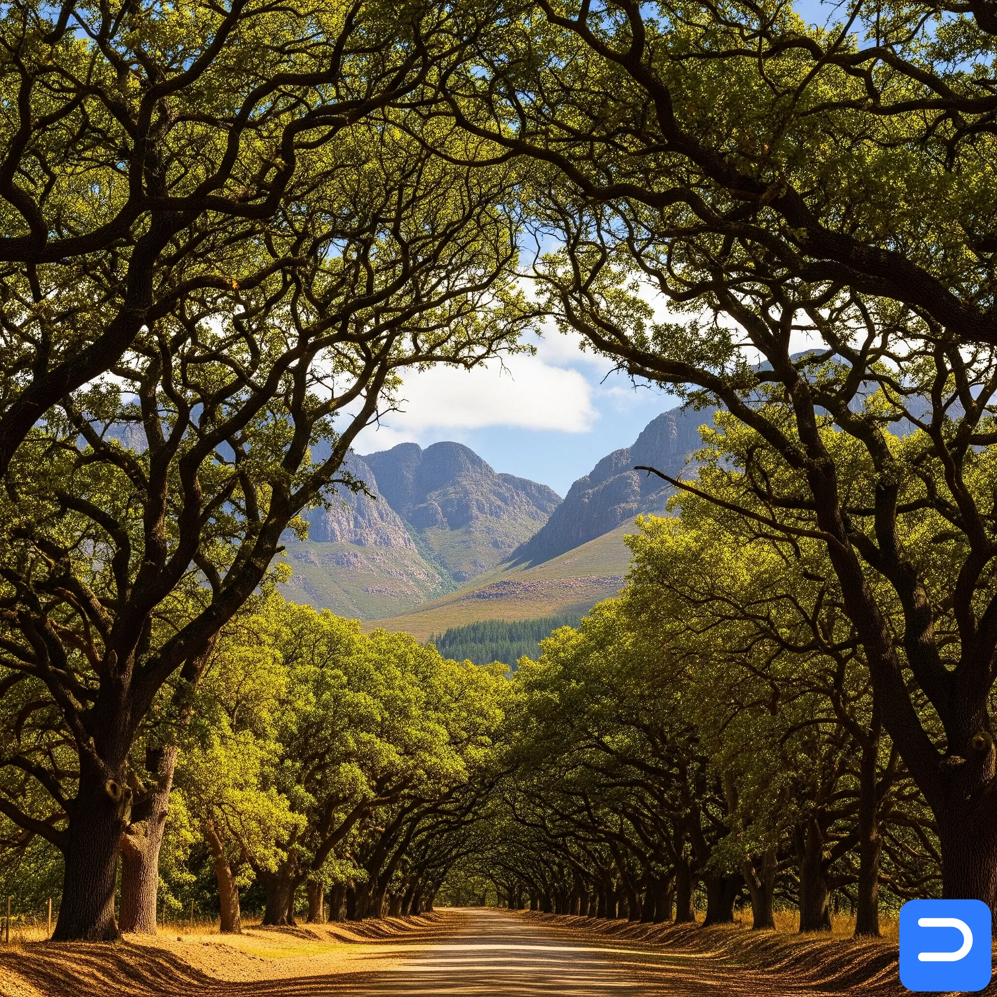 The serene, oak-lined avenue in Mostertsdrift, a neighbourhood near Jonkershoek.