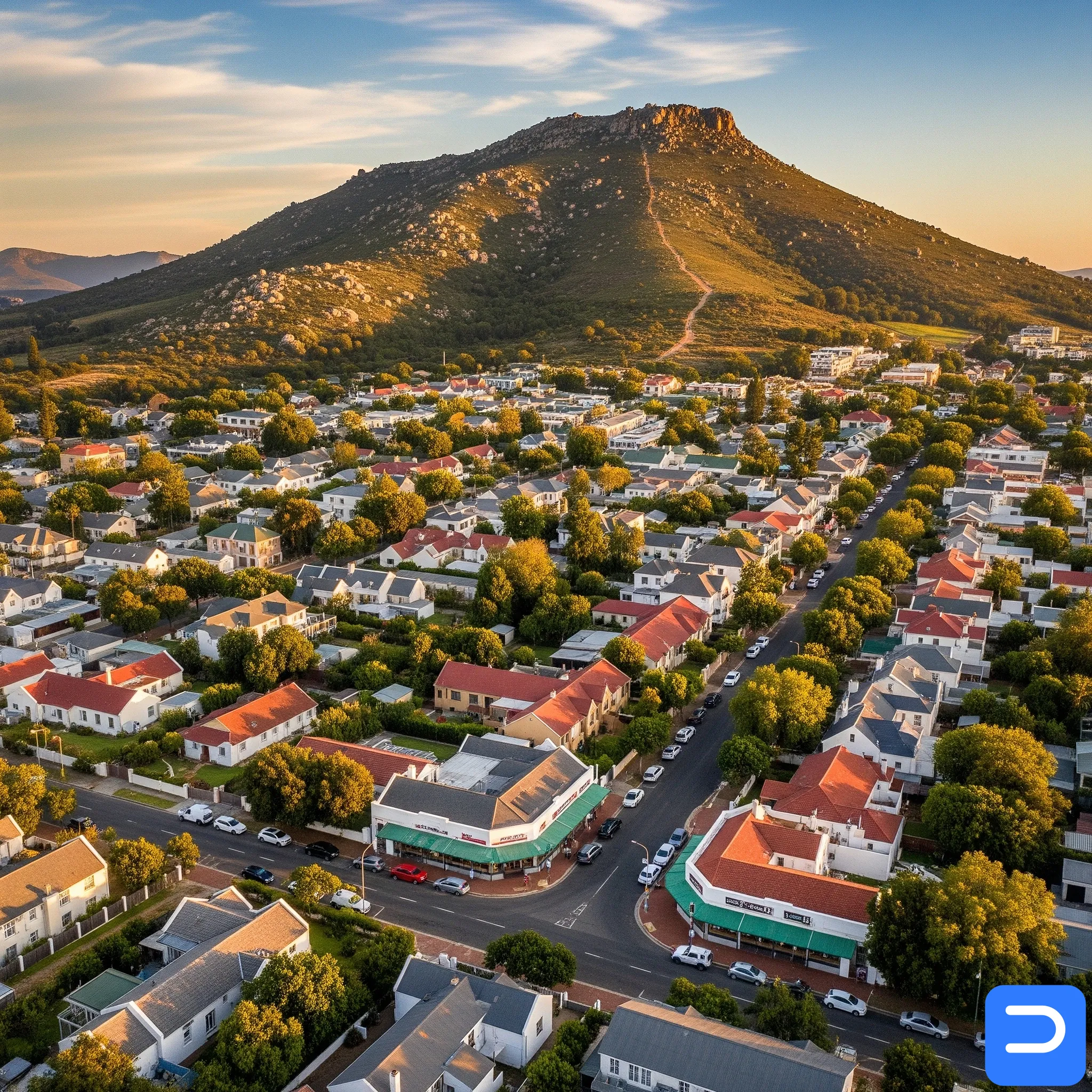 The charming Onder Papegaaiberg neighbourhood nestled below the hill.