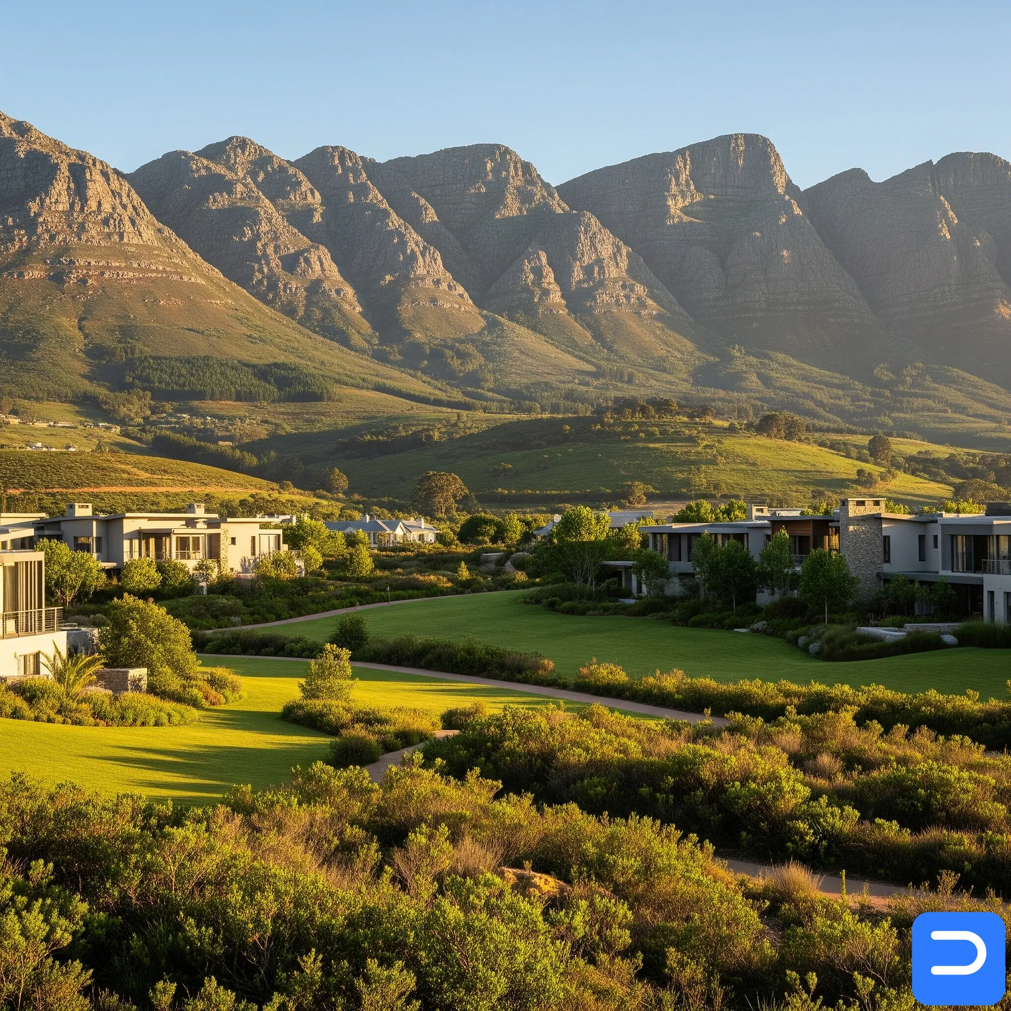 The greenbelts of Paradyskloof with a stunning mountain backdrop.