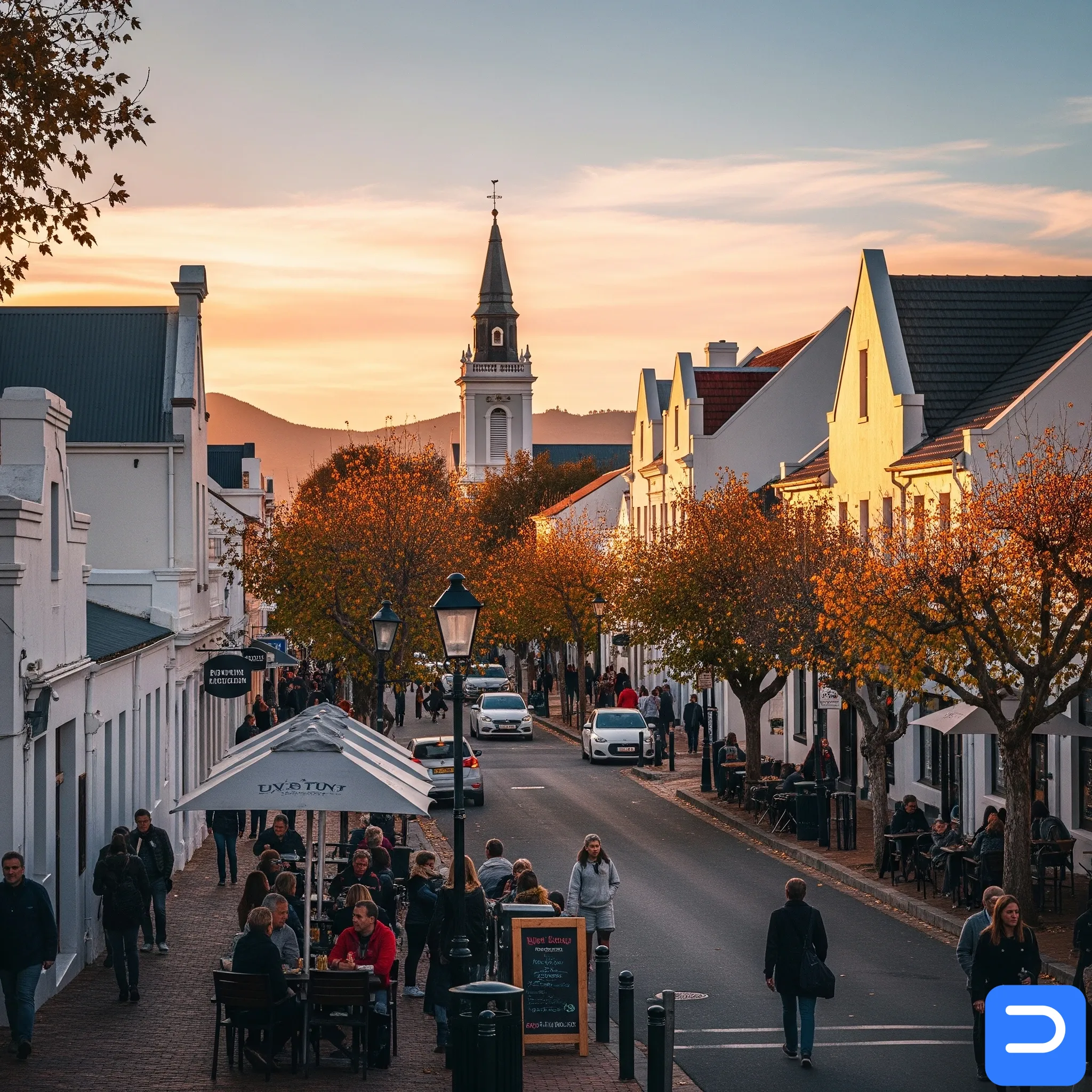 A bustling streetscape in Stellenbosch Central, part of our core service area.