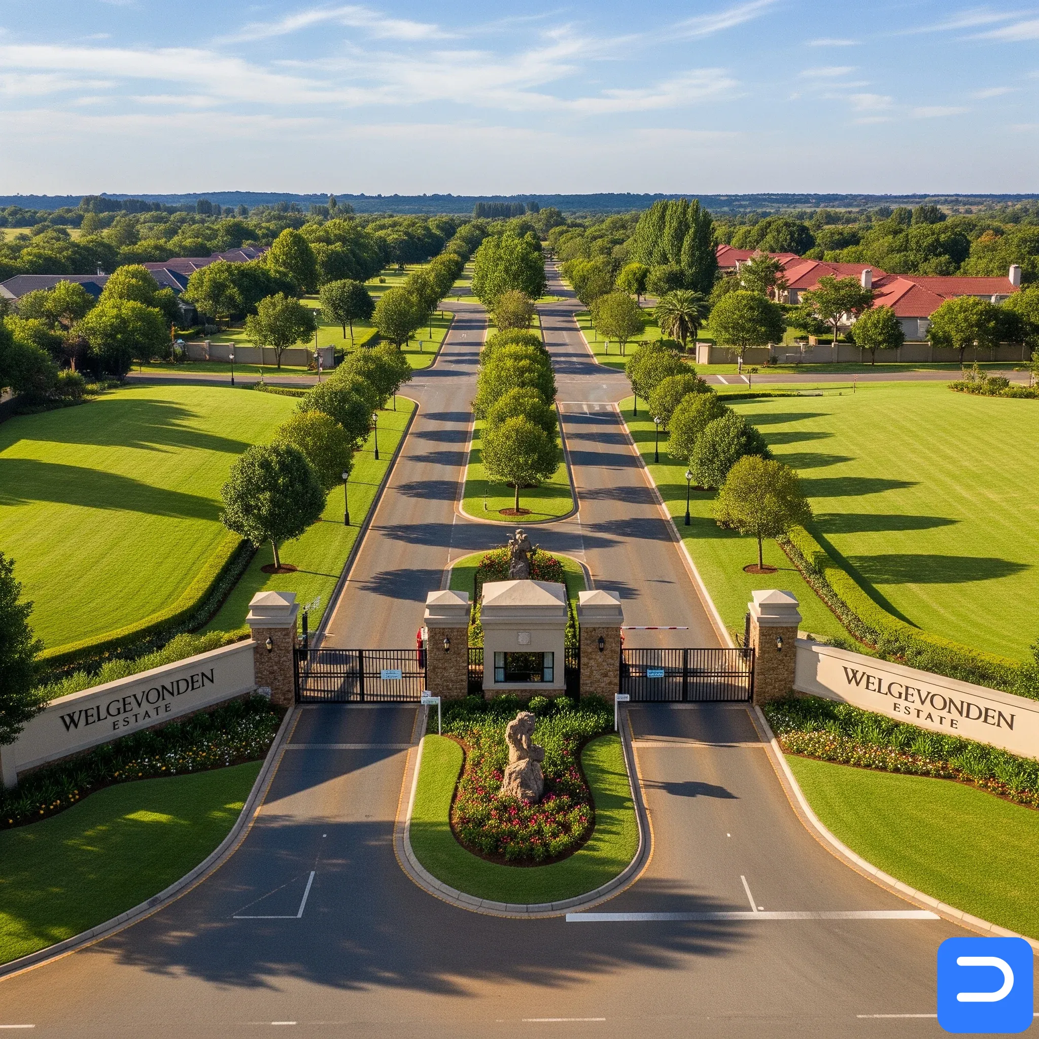 The main entrance and green spaces of Welgevonden Estate, a serviced residential area.