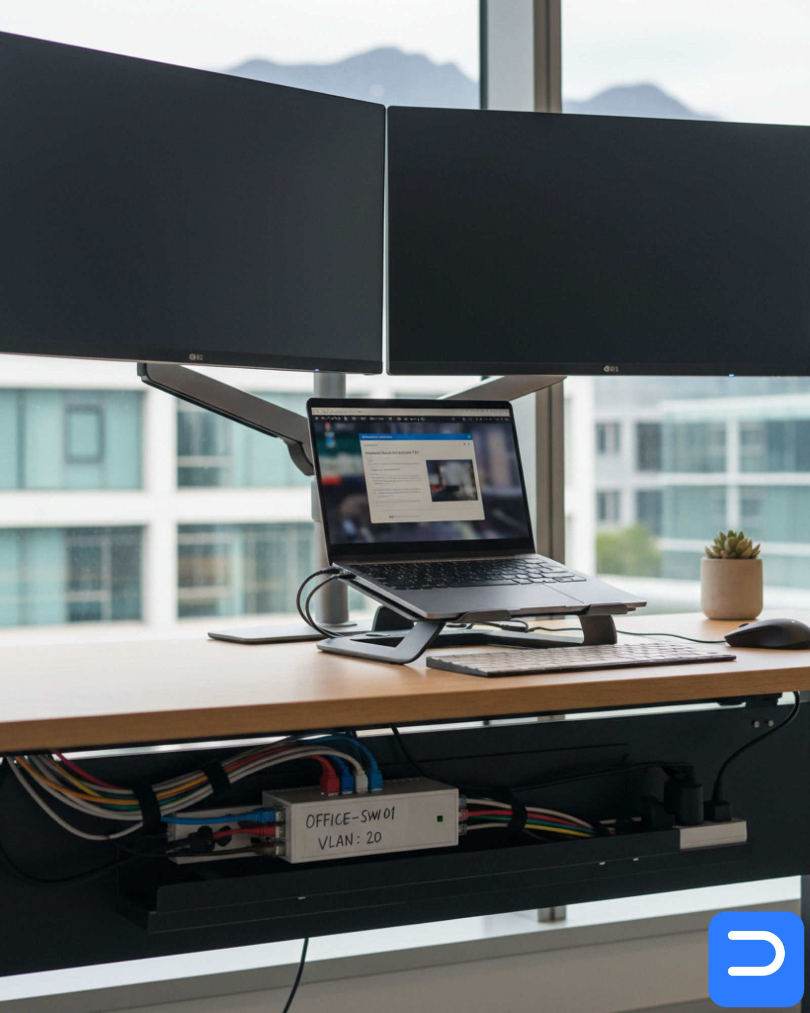 Two-monitor SME desk in a Technopark office with labelled switch and tidy cabling; laptop on a secure stand shows a remote session