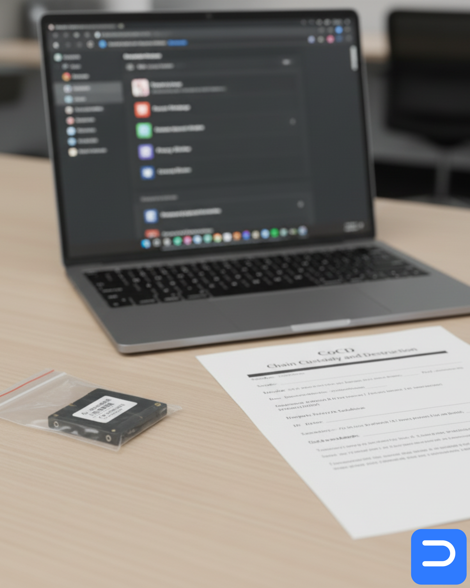 Detail: printed CoDD certificate beside a sealed anti-static bagged SSD; browser shows extensions list trimmed to essentials