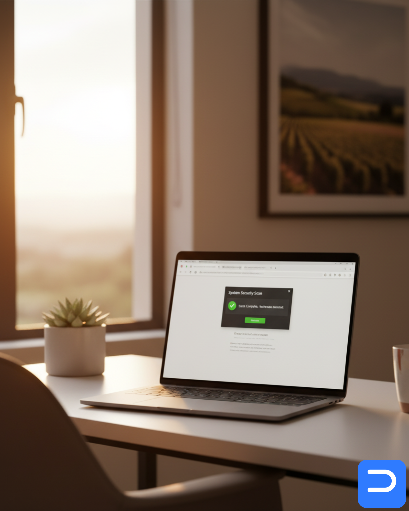 Stellenbosch home office: laptop showing a clean browser and a security scan complete, with vineyard light in background