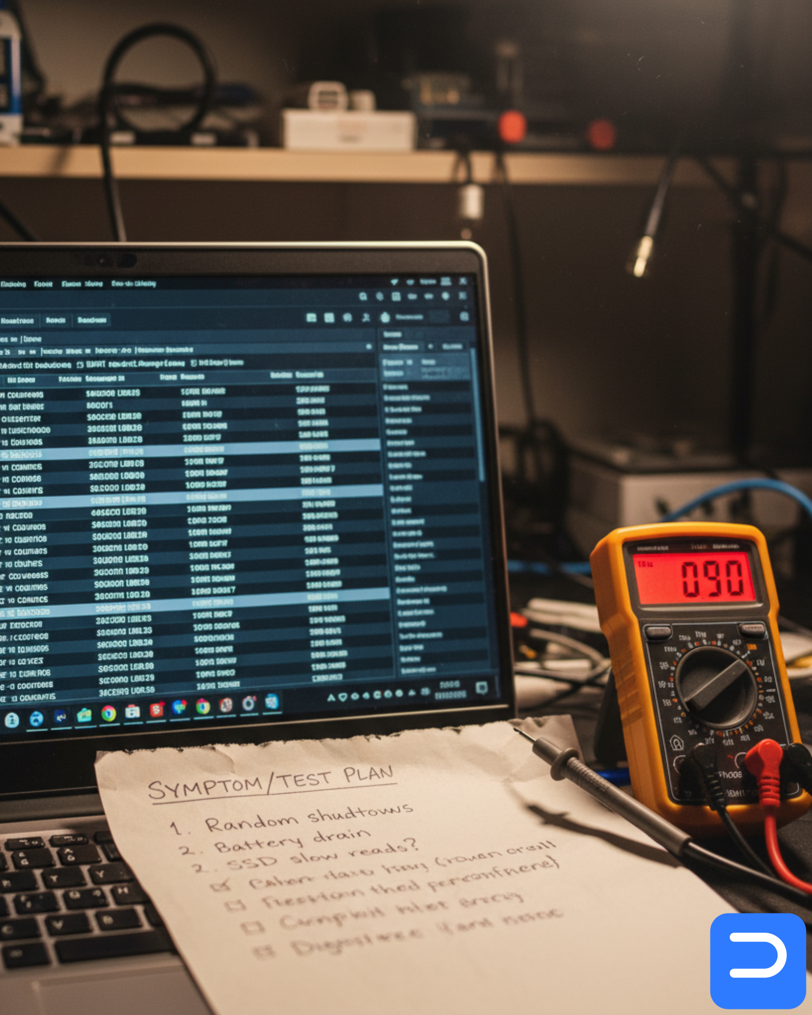 Detail: SMART/NVMe health report showing caution flags; multimeter on a charger lead; technician notes list symptoms and test plan