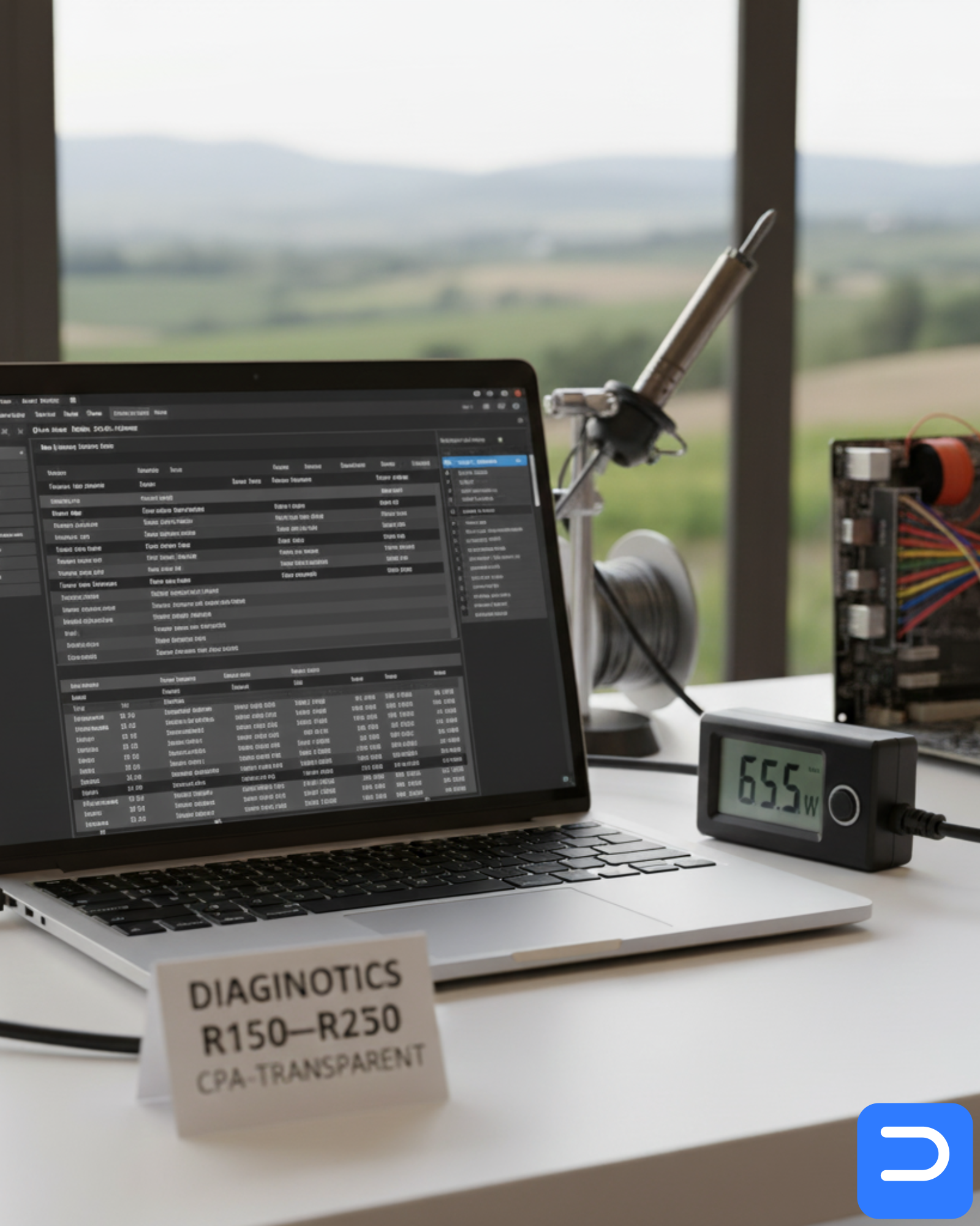 Laptop on a test bench with power meter and SMART utility running in a Stellenbosch workshop; price card shows R150–R250 diagnostic range