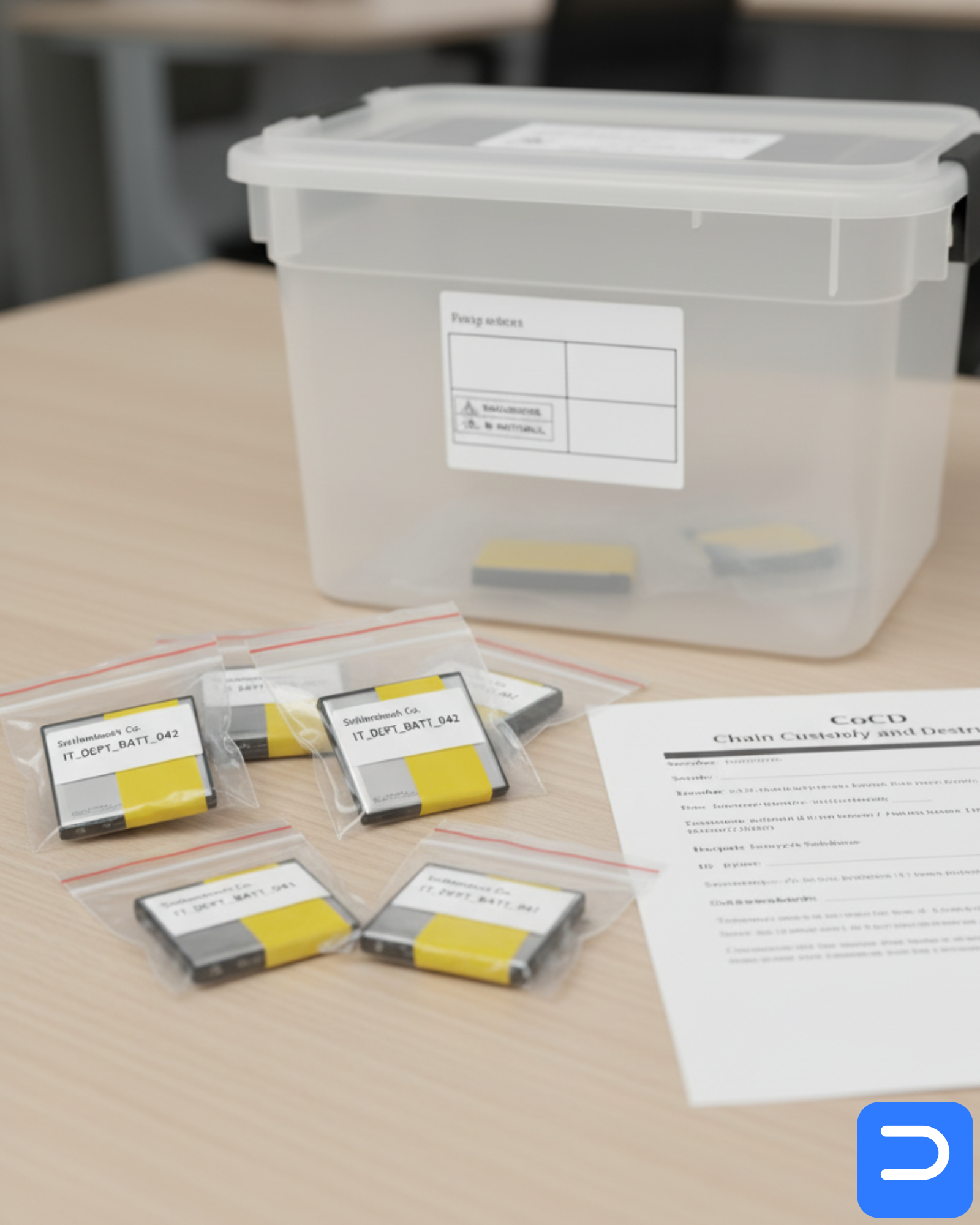 Detail: taped battery terminals in separate bags, labelled device IDs, and a printed CoDD next to a sealed container ready for recycler pickup