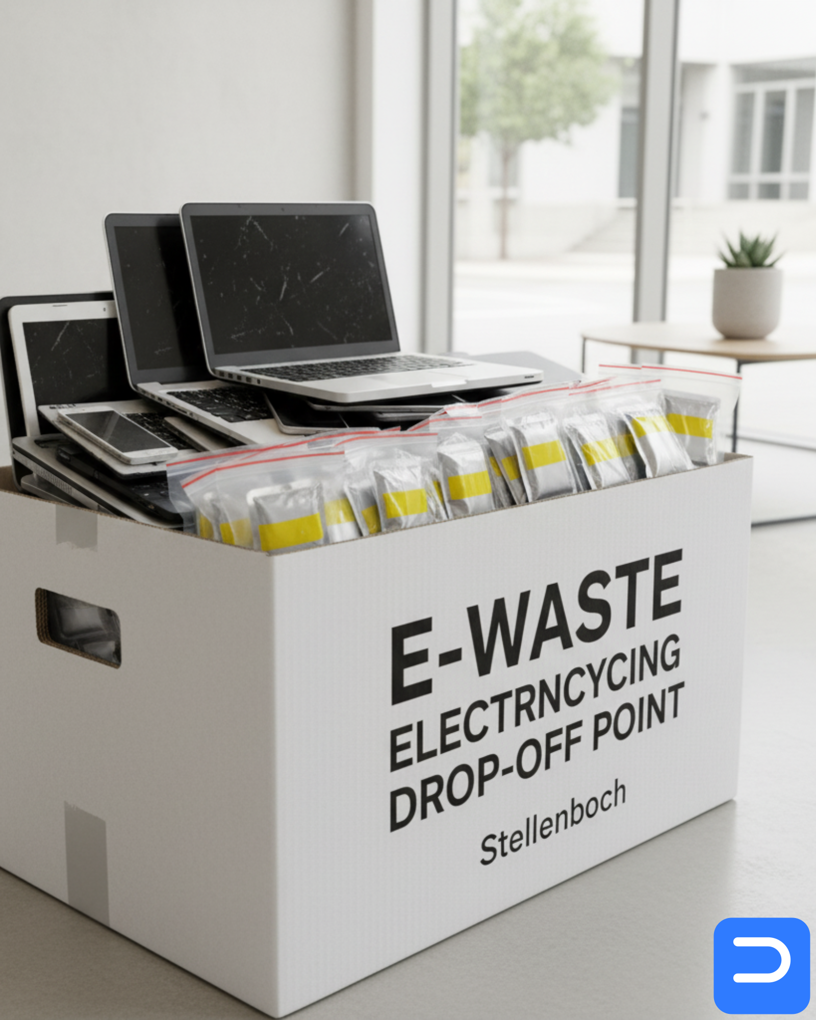 Labelled e-waste drop box with taped lithium batteries and old laptops ready for hand-off in a Stellenbosch office foyer