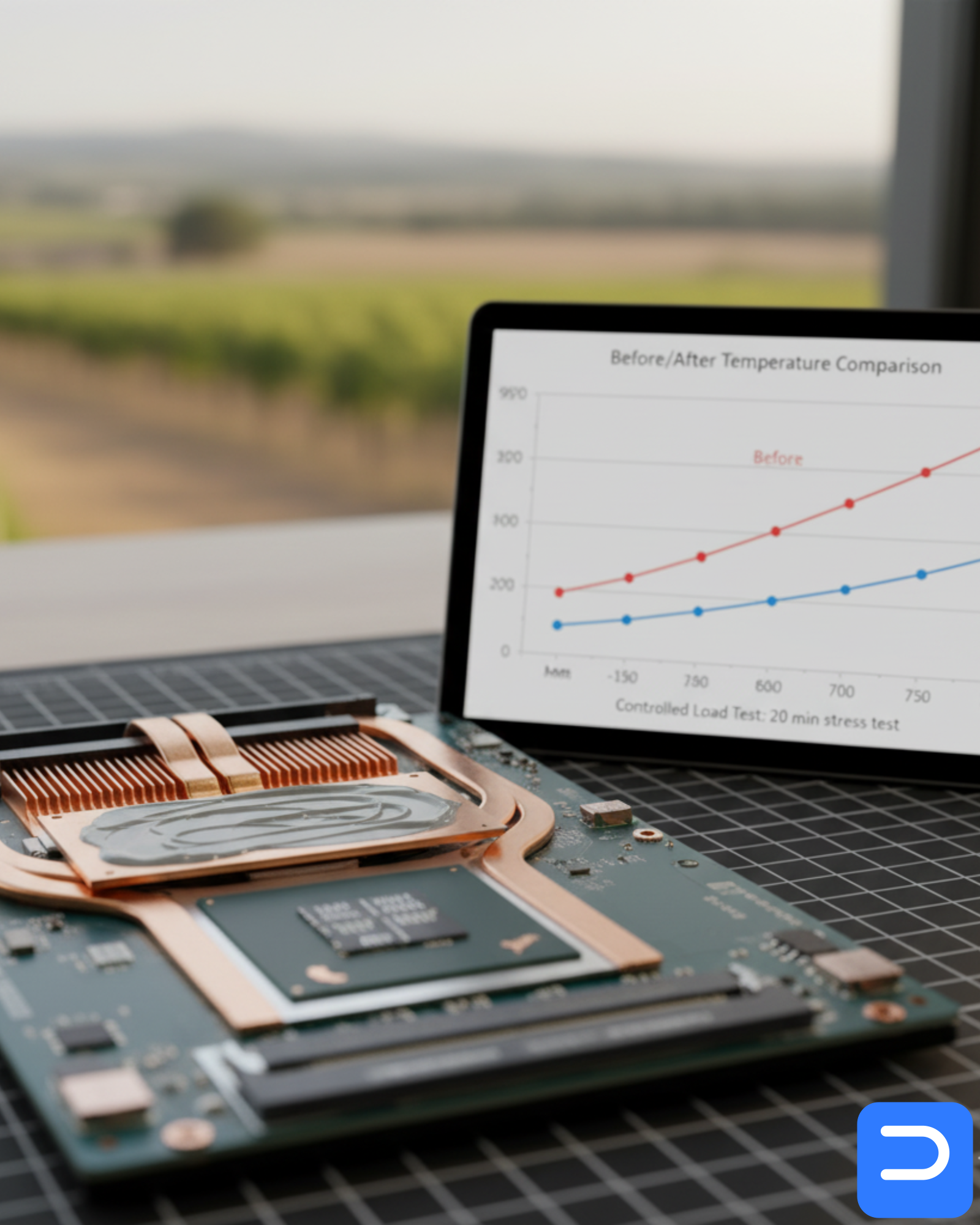 Detail: close-up of a cleaned heatsink and fresh thermal paste pattern on a laptop CPU die; final temp graph showing before/after under identical load