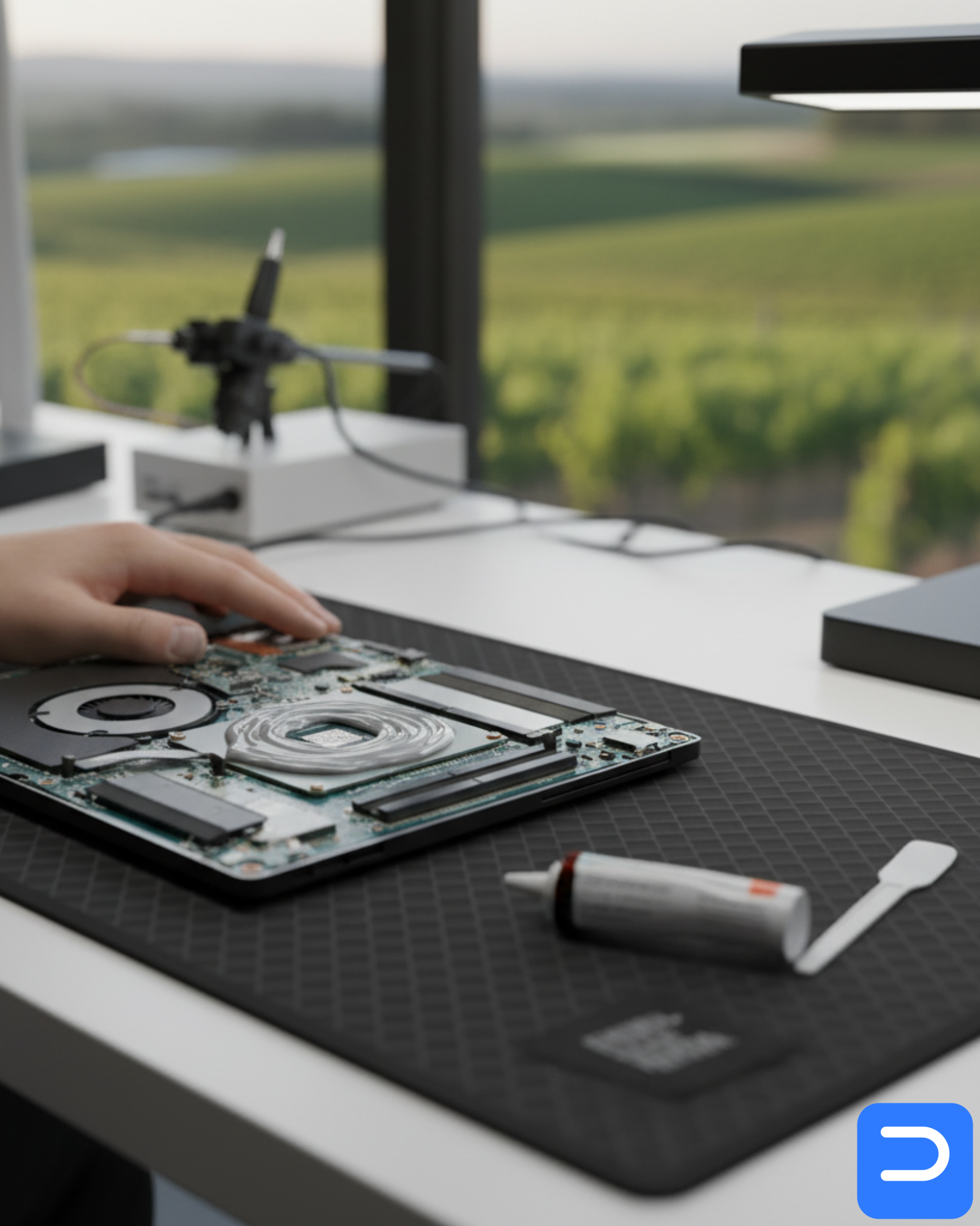 Stellenbosch workbench with a laptop opened for cleaning; dust mat, ESD strap, and fresh thermal paste ready