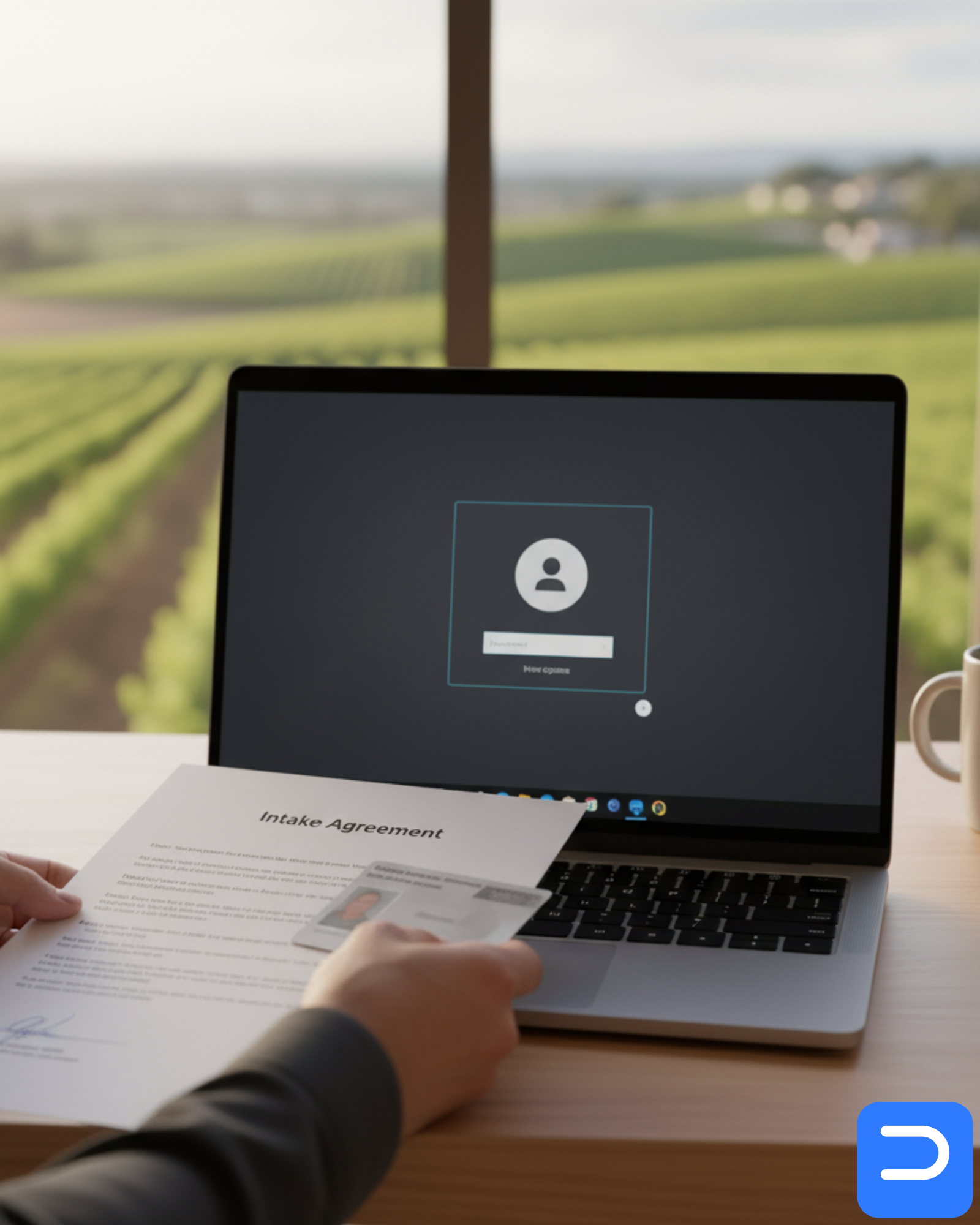 Close-up of an Intake Agreement next to a laptop sign-in screen; a photo ID and technician lanyard visible—POPIA-safe, ID-verified workflow