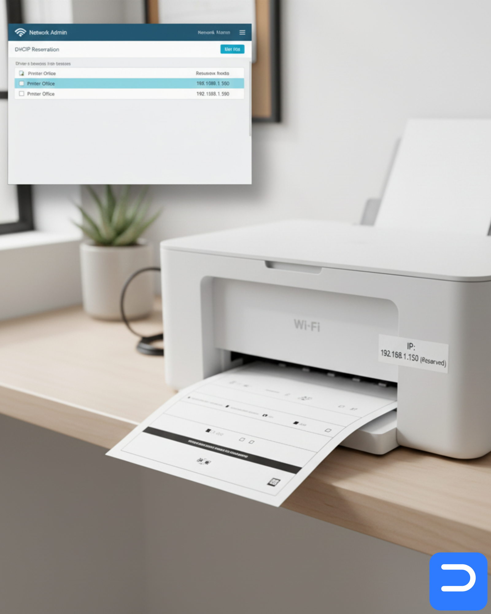Detail: reserved-IP label on an Ethernet printer with tidy cable run and DHCP reservation highlighted in router UI