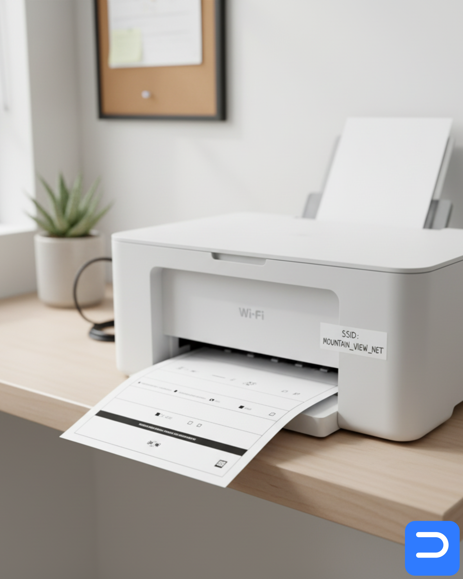 Tidy printer corner in a Stellenbosch home office: Wi-Fi printer with labelled SSID and a test page ready
