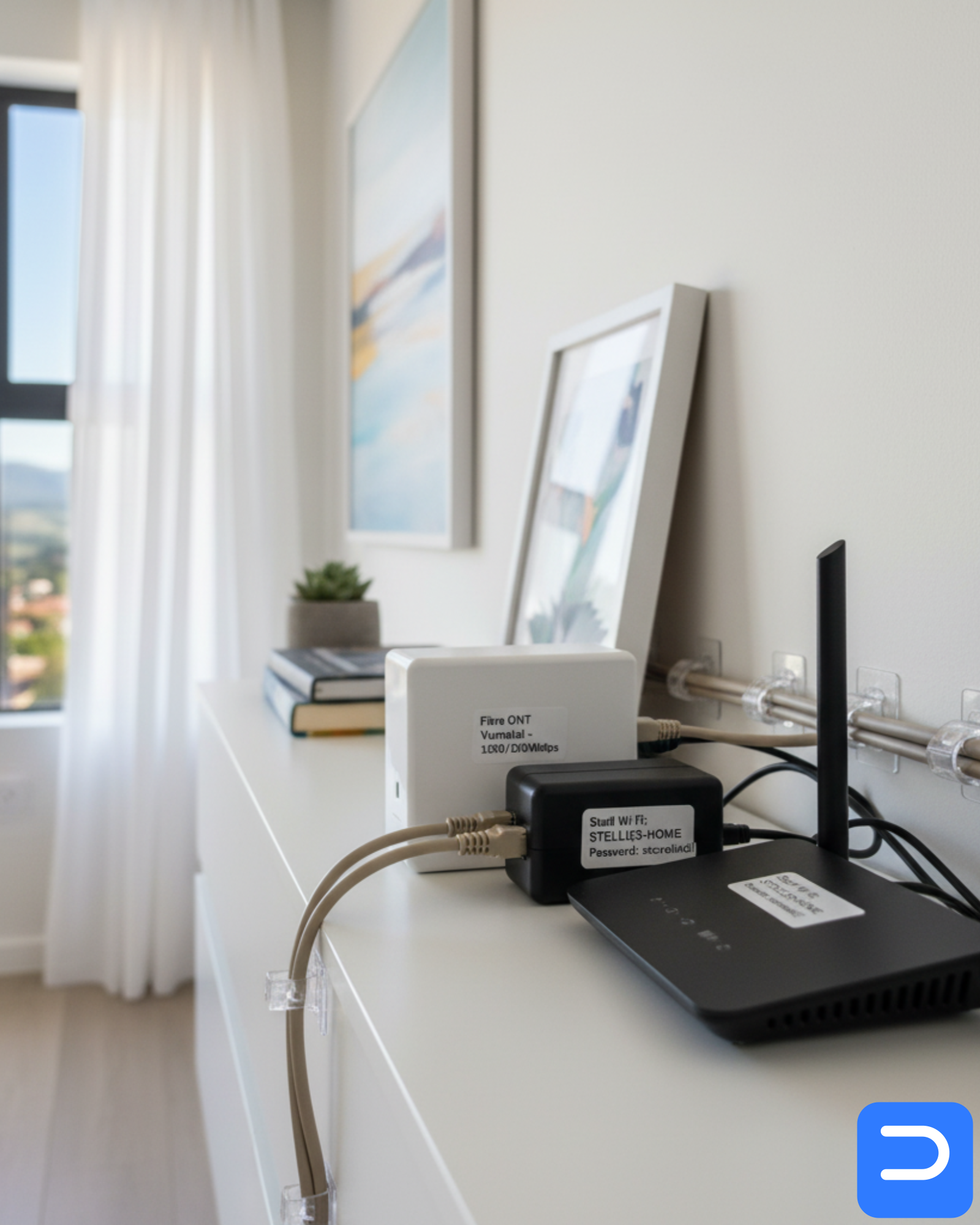 Fibre ONT and dual-band router neatly installed in a Stellenbosch apartment; labelled SSIDs and tidy cabling