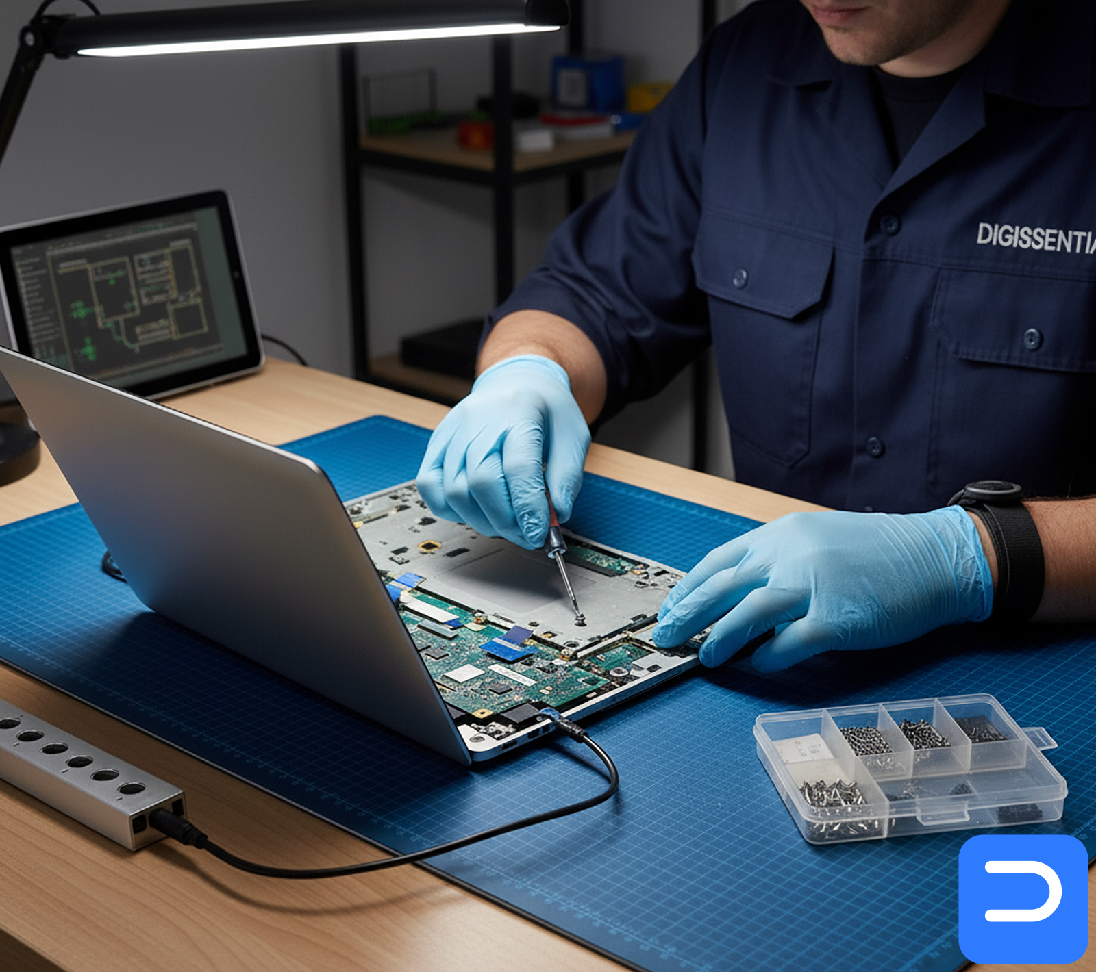 Tightening a laptop hinge and chassis screws on the bench.