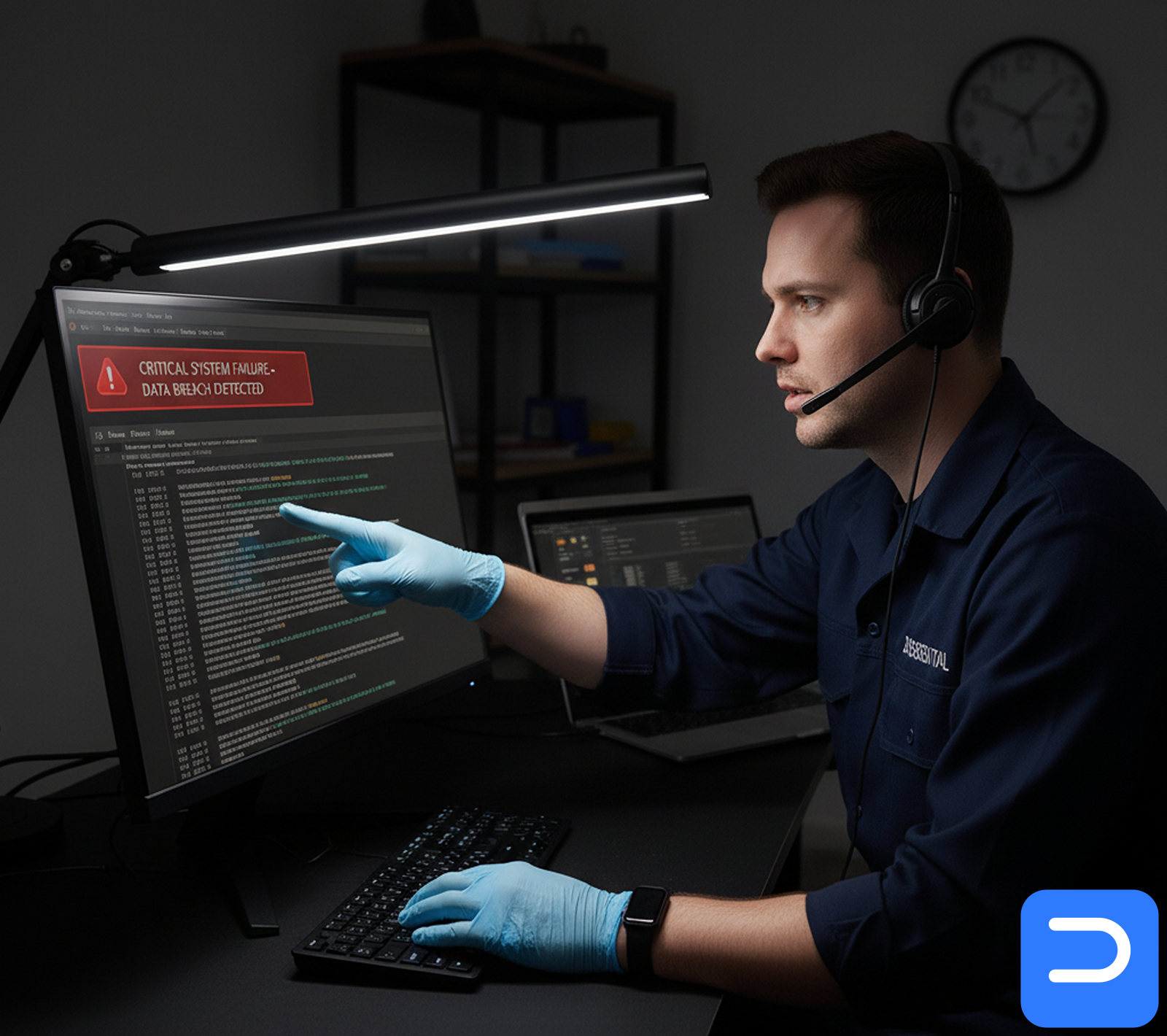 Emergency after-hours IT support in progress.