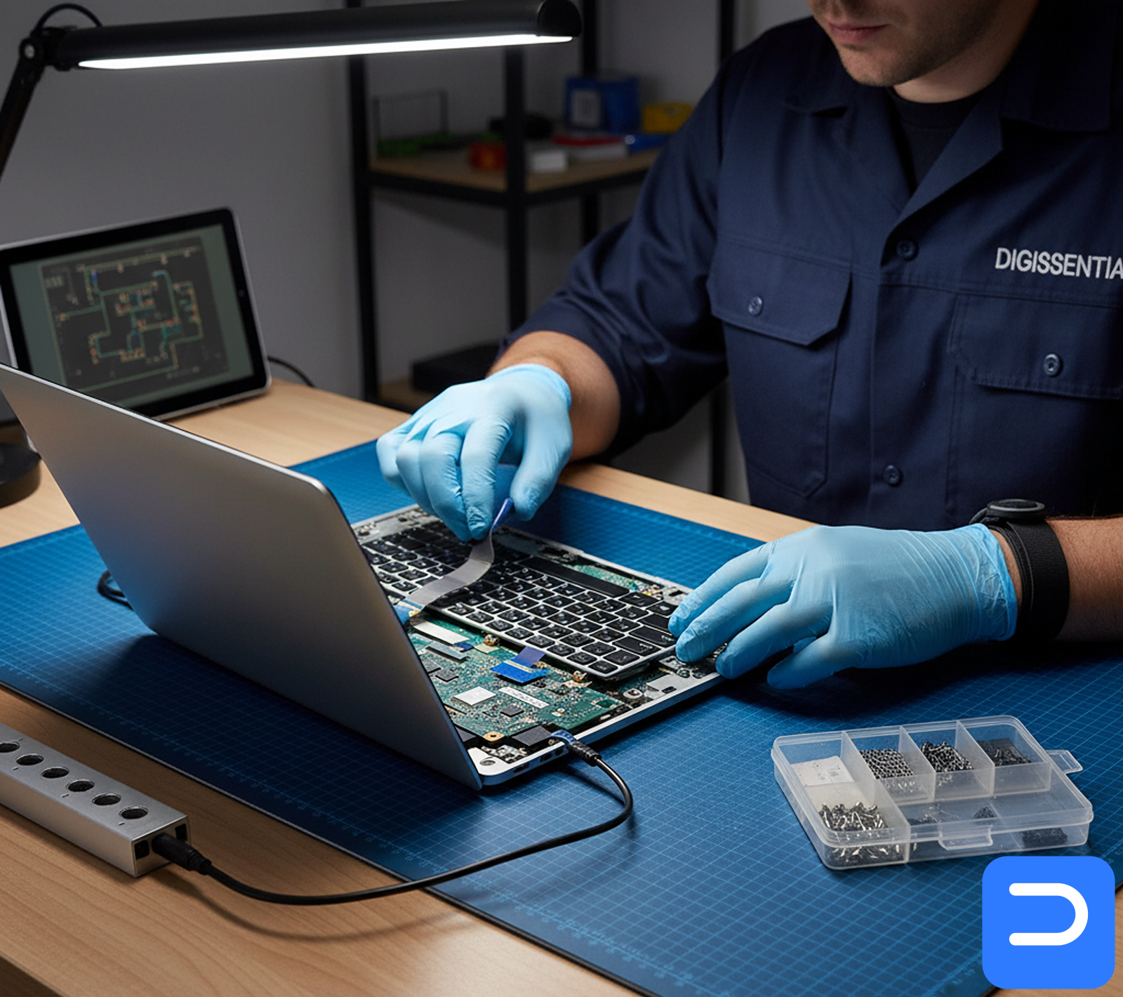 Replacing a laptop keyboard with proper ESD care.