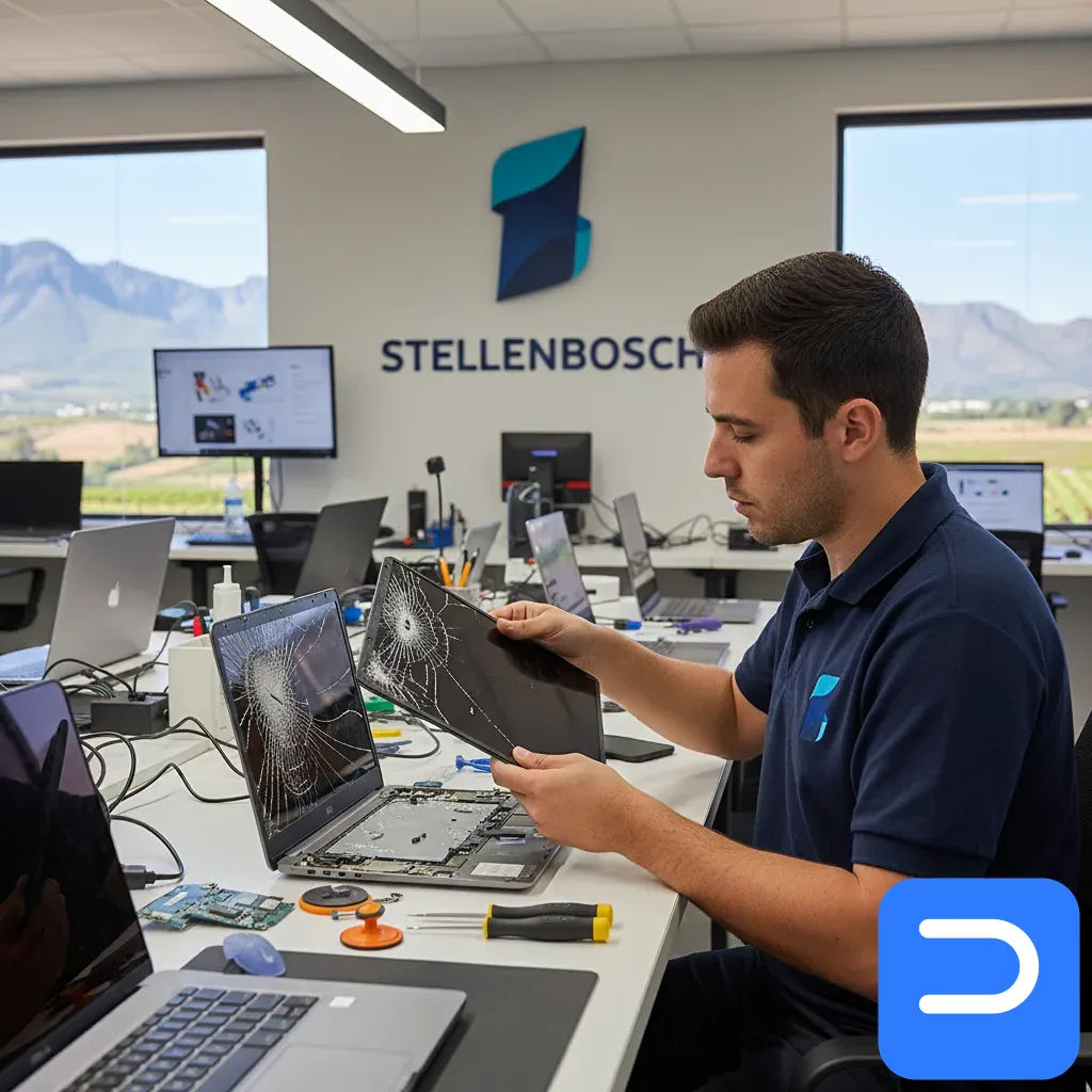 A close-up shot of a technician expertly replacing a cracked laptop screen.