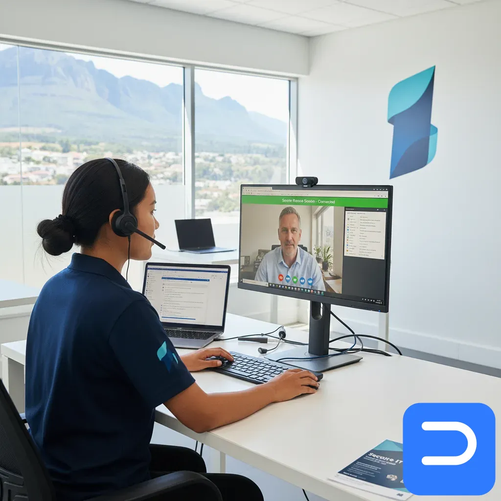 Remote IT support session on a laptop with headset and tools.